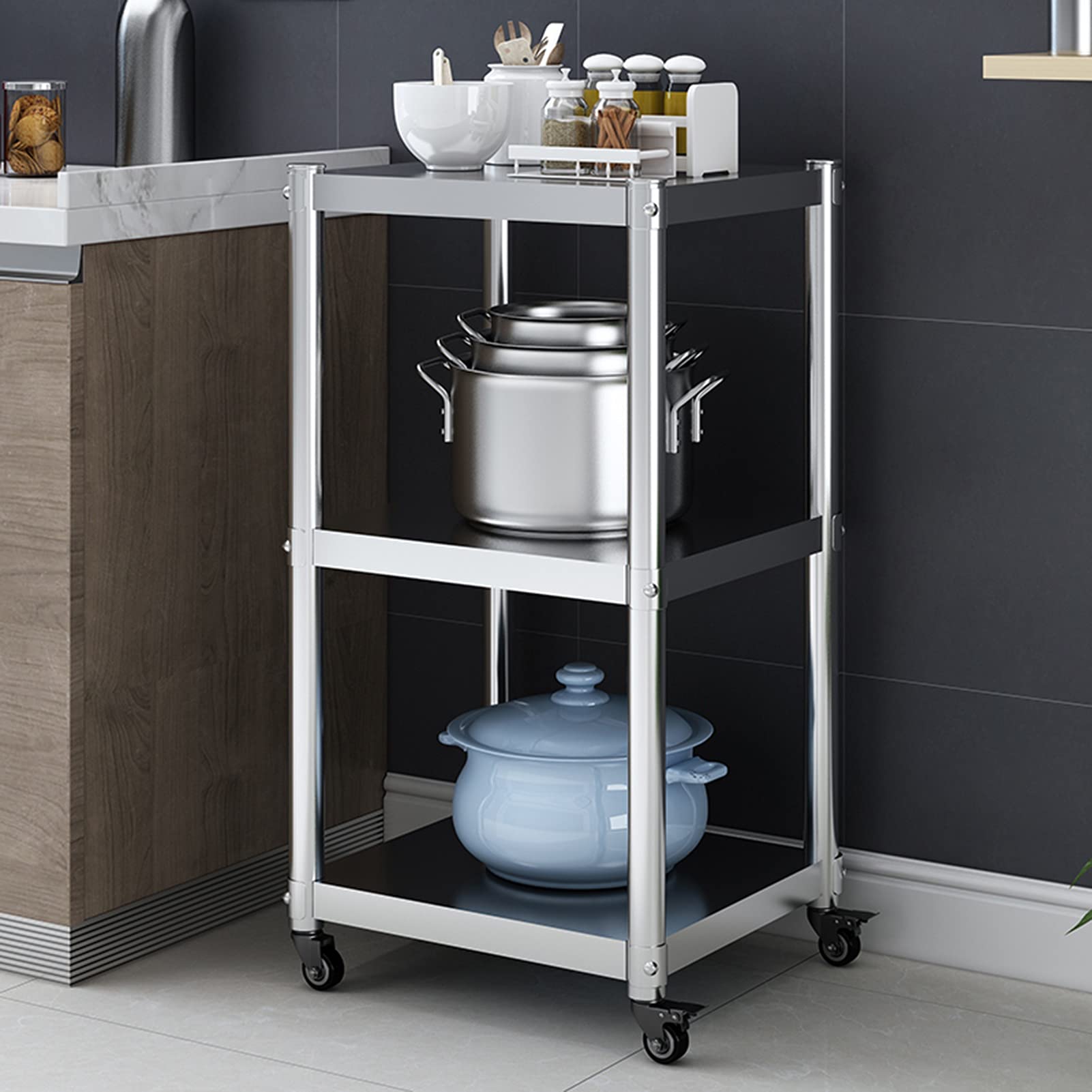 XPLKQXE Servierwagen Küche Wagen, Edelstahl Stahl Rollend Aufbewahrungswagen, Beweglich Servierwagen Gebrauchswagen, Für Supermarkt Geschäft (Farbe : Silver, Größe : 30X45X83CM)