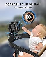 Vista 2 de Mini ventilador con clip, ventilador de escritorio a pilas, pantalla digital, 3 velocidades ajustables, bidireccional ajustable de 360 °, viento