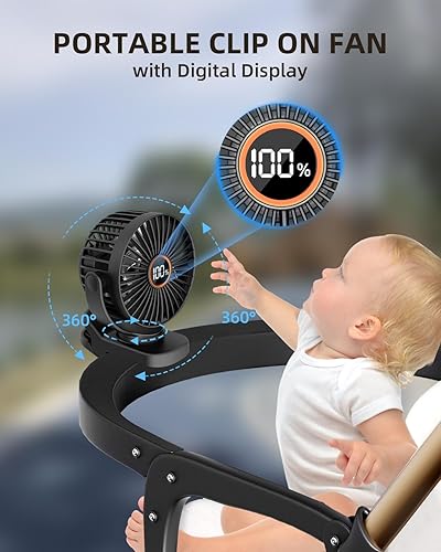 Miniatura 2 de TUNISE Mini ventilador con clip, ventilador de escritorio a pilas, pantalla digital, 3 velocidades ajustables, bidireccional ajustable de 360 ,