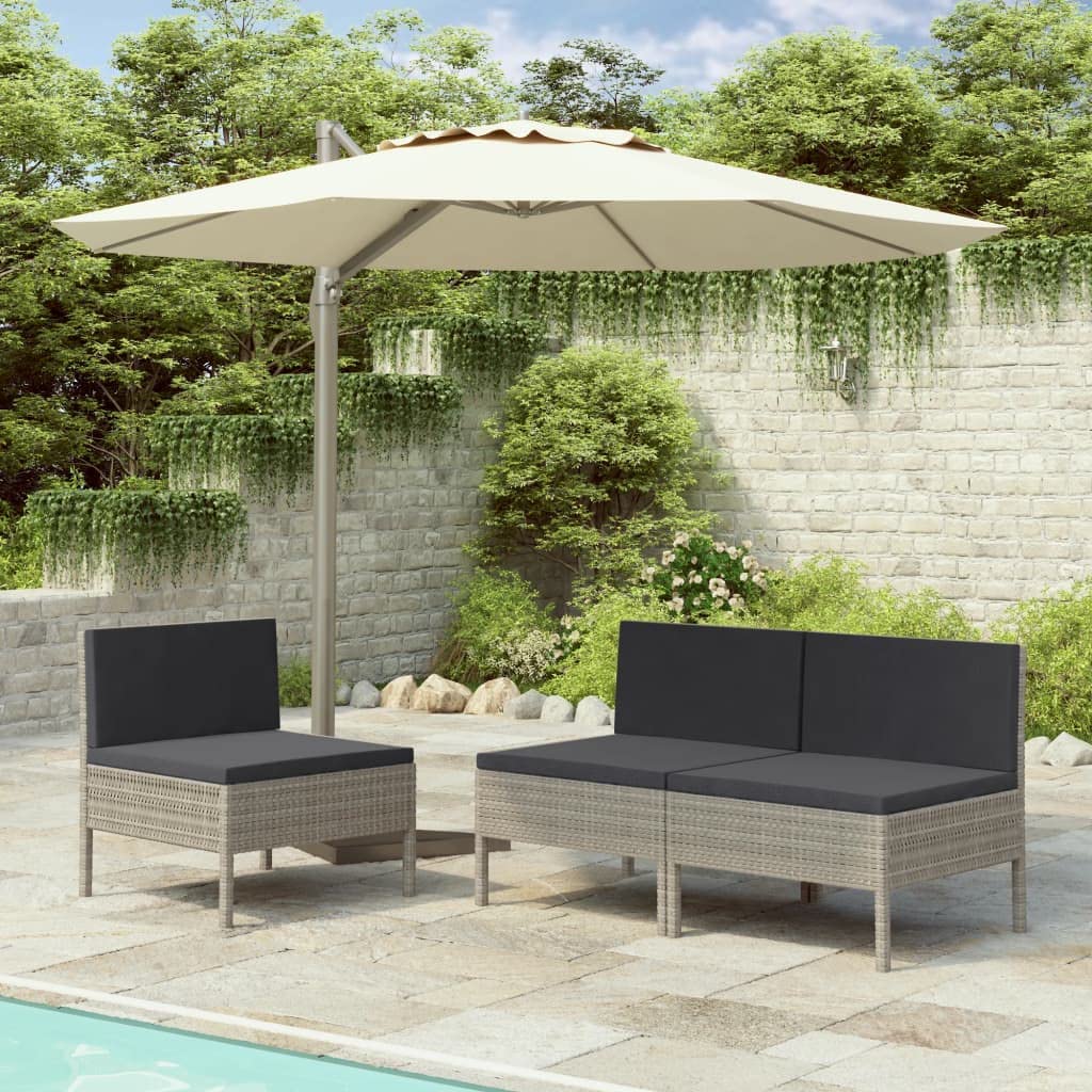 Chaises de jardin en rotin gris avec coussins (lot de 3) et structure acier