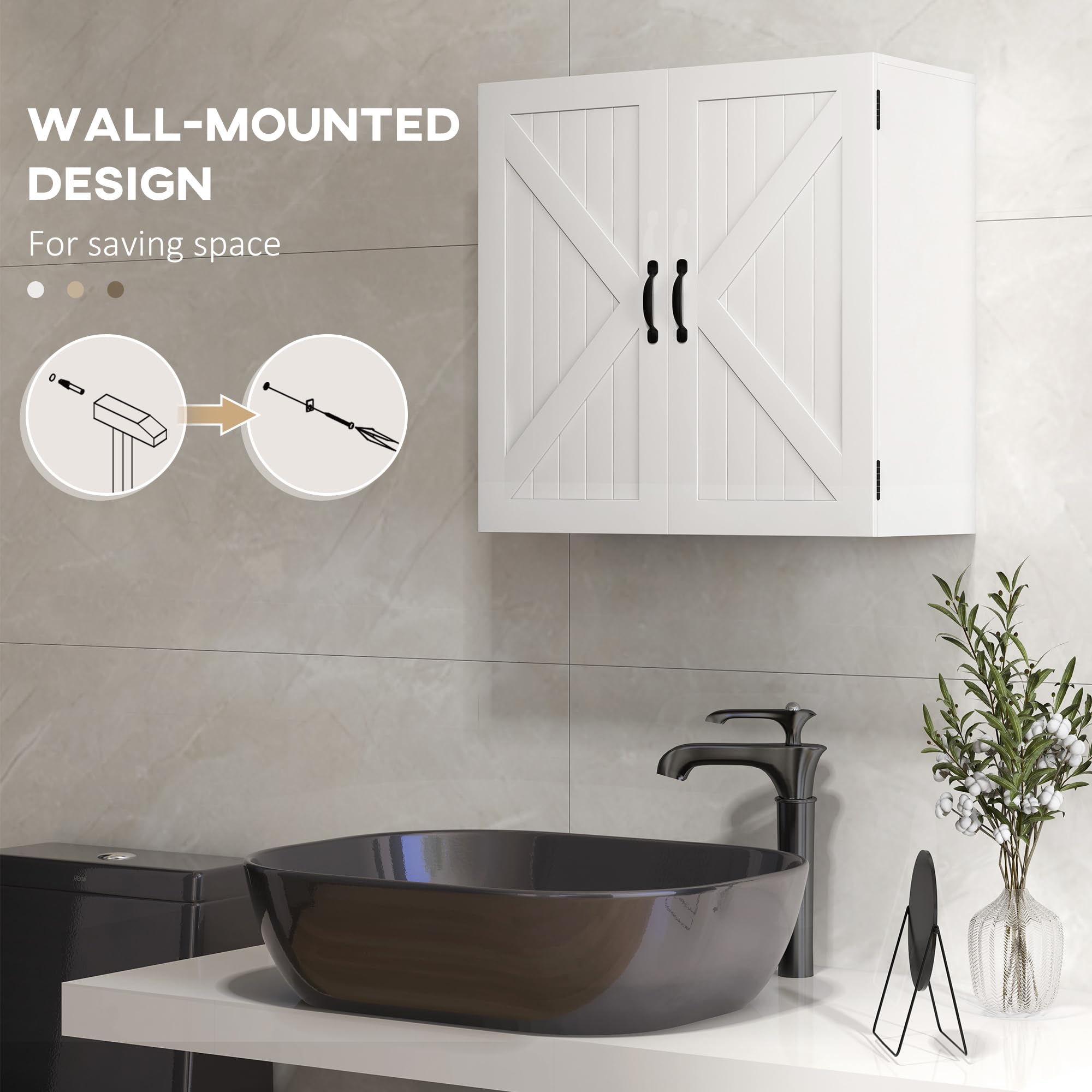 kleankin Armario de baño de madera colgado 60x30x60 cm Blanco | Armario de baño ahorrador de espacio, estilo rústico, con estante ajustable