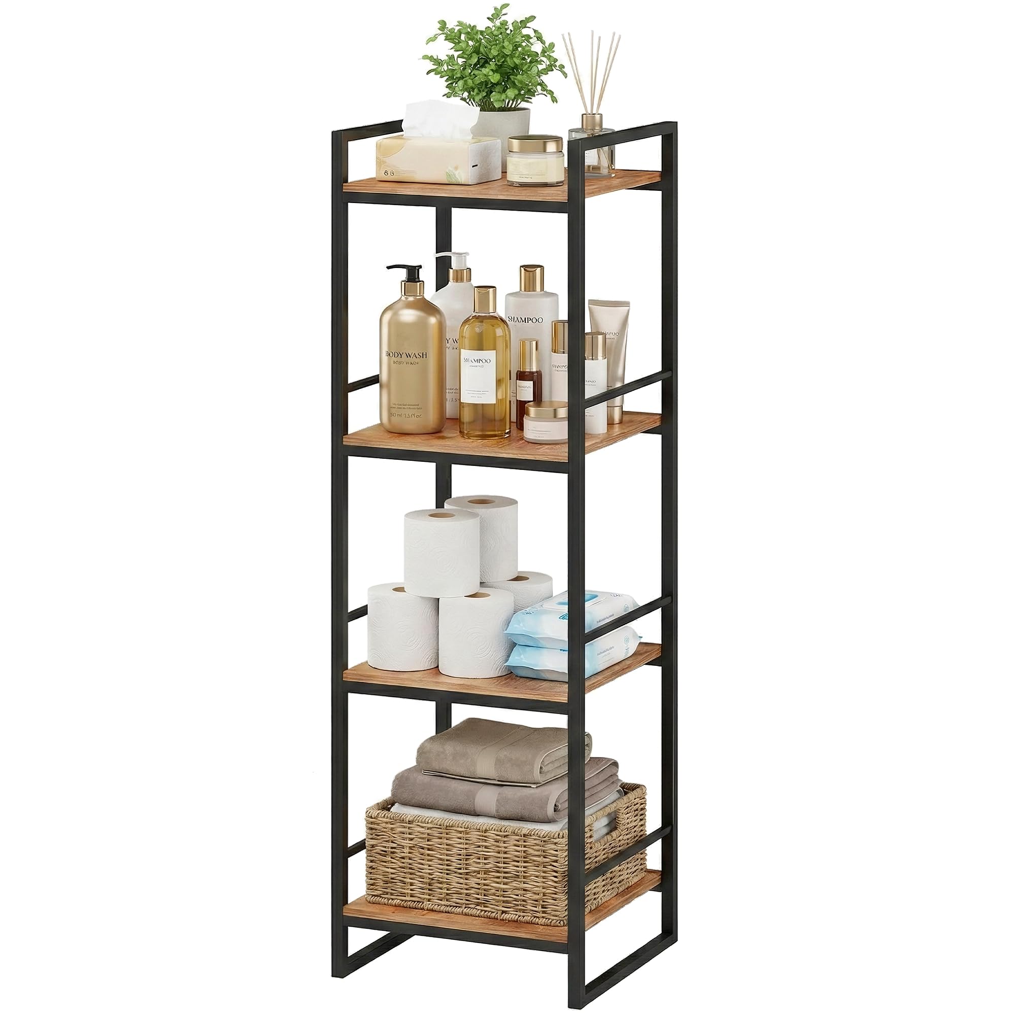 BYFU 4 Tier Bathroom Storage Open Shelf, Freestanding Metal Corner Storage Rack Shelving Unit for Bathroom Kitchen Living Room Hallway, Rustic Brown
