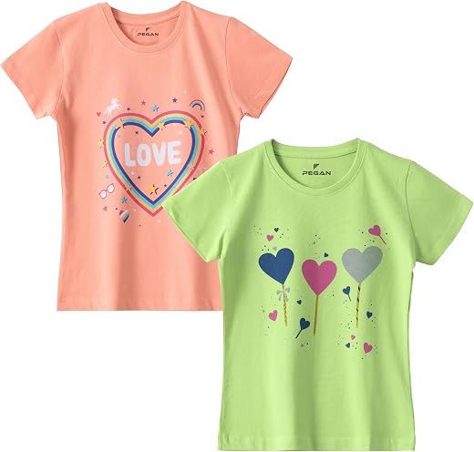 PEGAN Girls Pack of 2 T-Shirt | Soft Cotton Half Sleeve Round Neck Top for Kids | Comfortable for School, Home &amp; Playtime...