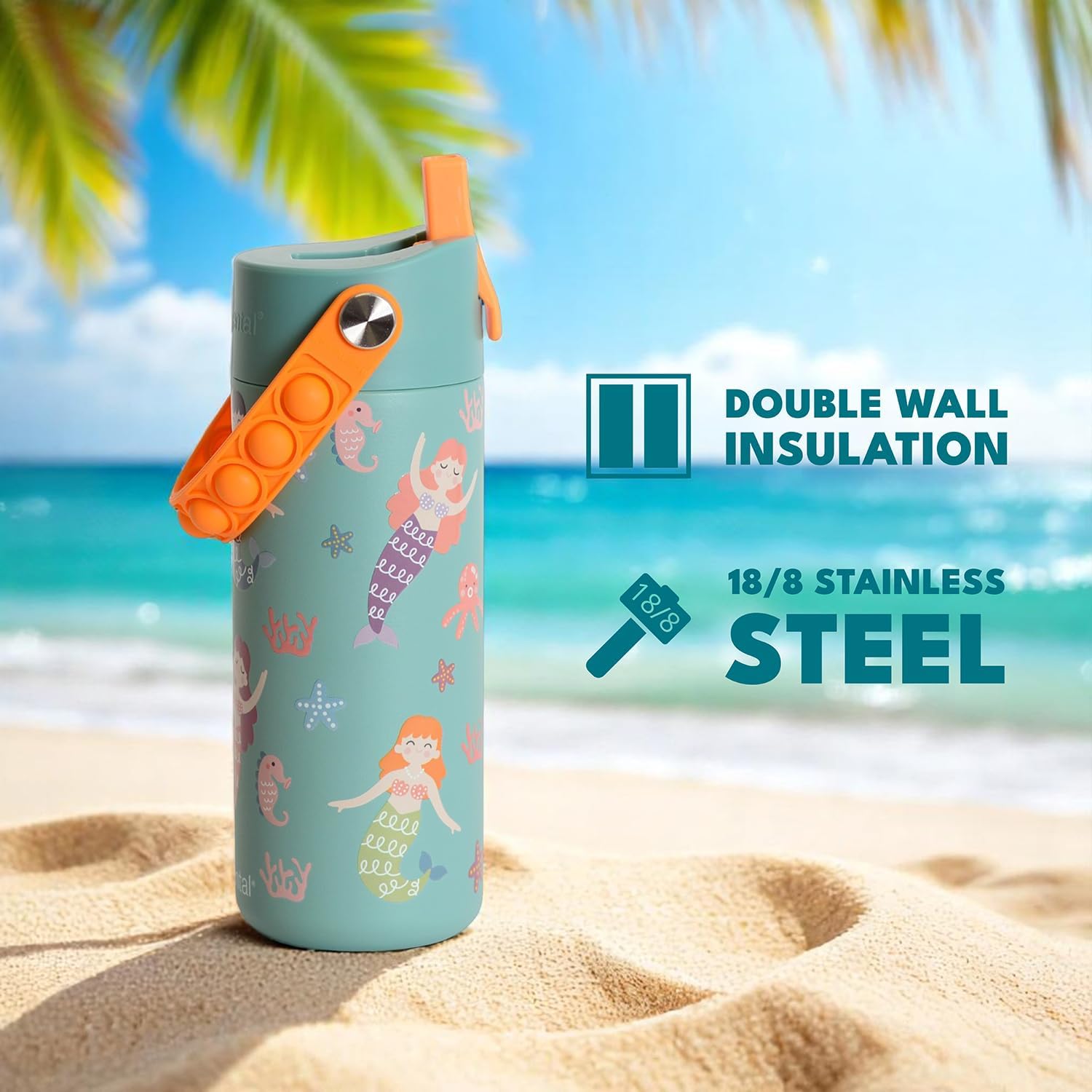 Elemental Insulated Kids Water Bottle, Stainless Steel Water Bottle with Straw Lid & Pop-It Handle, Leak-Proof Water Bottles for School, Boys or Girls, Travelling and Sports, 18oz - Mermaid Sisters - Image 7