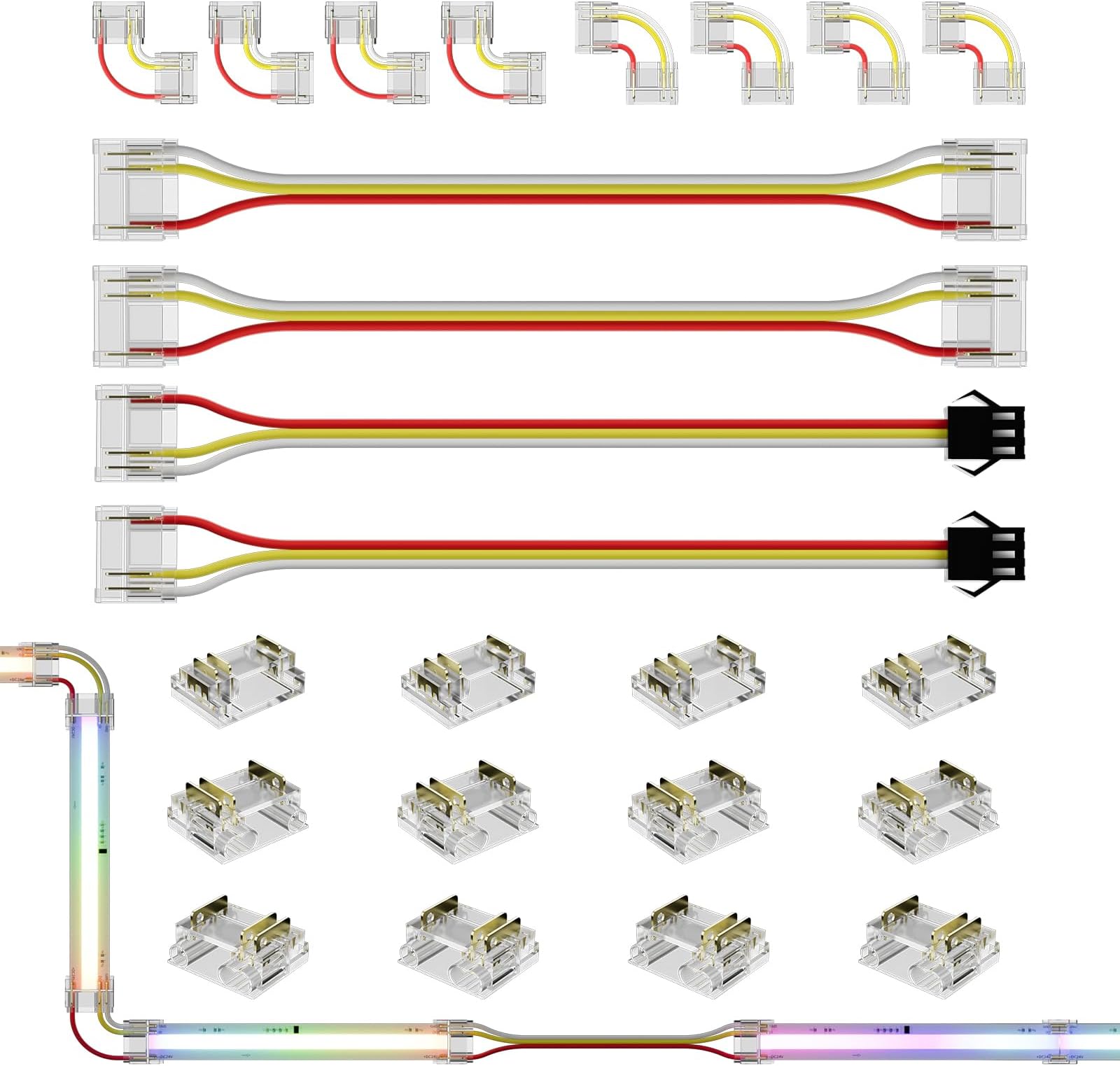 MIWISE 12mm Connectors Kit for 3-Pin RGB Smart IC COB LED Strip Lights,L-Shaped/Gapless/Strip to Wire Connectors,Dual-End Extenders with 22AWG Wires,Solderless Extension Connectors,24V/12V/5V/9V
