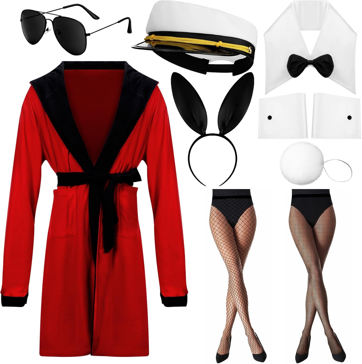 Mepase 10 Pcs Men's Velvet Robe Jacket Belt Captain Hat Sunglasses Women Bunny Cosplay Role Costume Stockings Set for Halloween Couple Costume