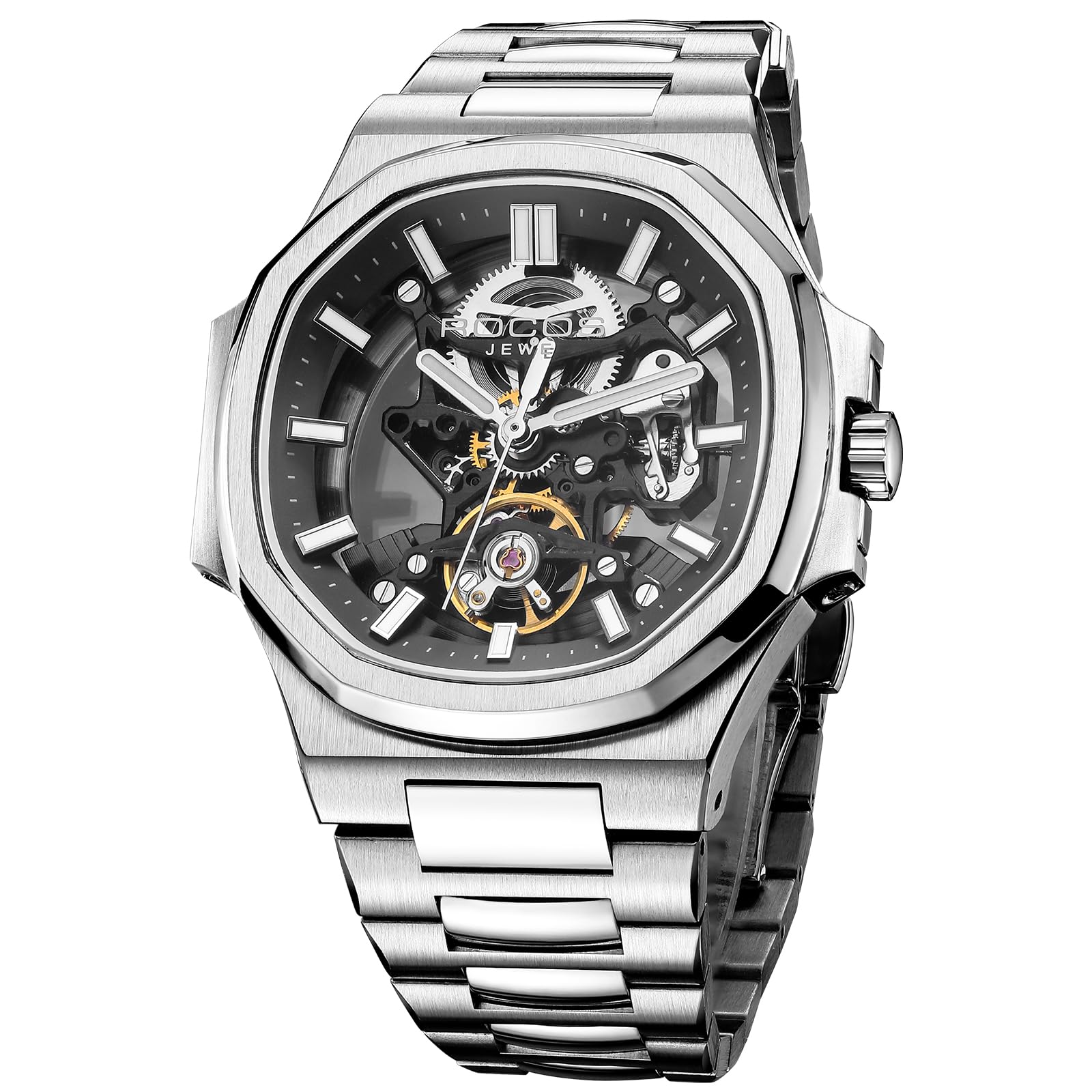 Luxury Skeleton Automatic Watch for Men, Self Winding Mechanical Dress Wristwatch with Bl…