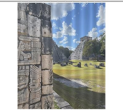 Ancient Pyramid Scene Shower Curtain, Retro Rustic Mayan Ruins Bathroom Curtain for Rustic Farmhouse Bath Decor, 72 x 72 in