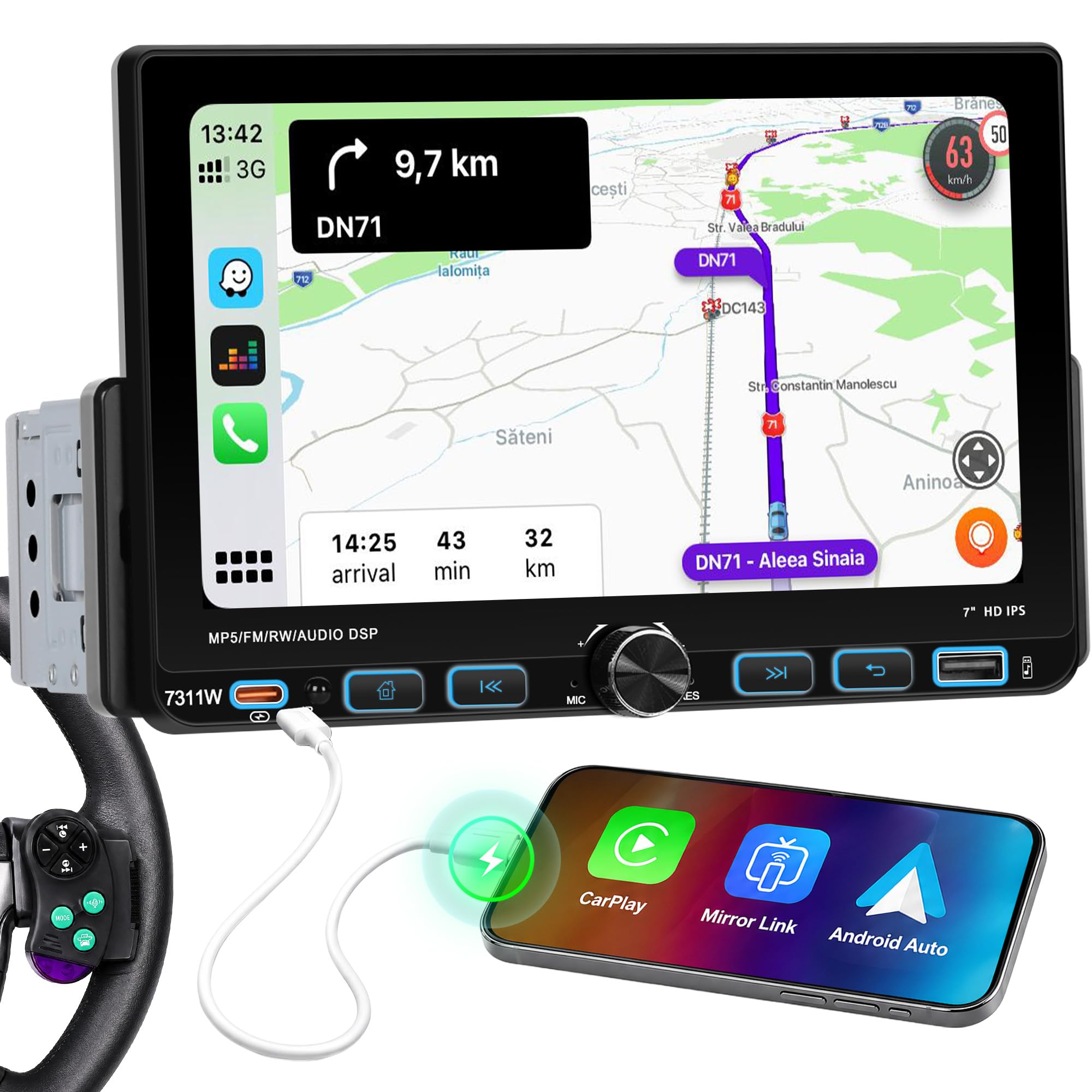 Wireless CARPLAY 1 DIN Autoradio avec Bluetooth Android Auto, 7'' IPS Ecran Tactile Car Play Voiture, 1 Din Bluetooth Radio avec Lien Miroir AM/FM/RDS MP5 USB SWC Rétroéclairage Couleur