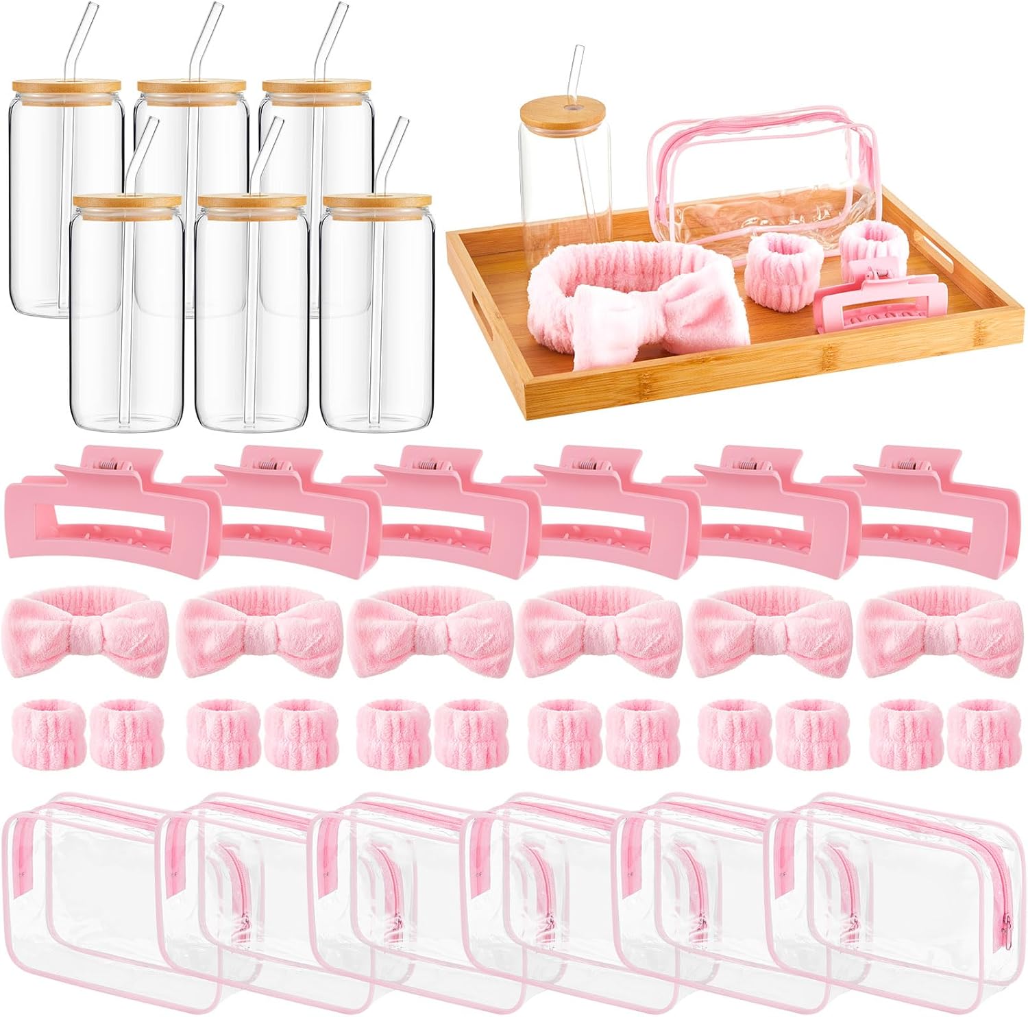 36 Pcs Spa Sleepover Party Favors Include 16oz Glass Cups With Bamboo Lids and Straws, Pink Headbands, Wristbands, Hair Claw Clips and Clear Cosmetic Bag for Girls Slumber Weekend Party Gifts