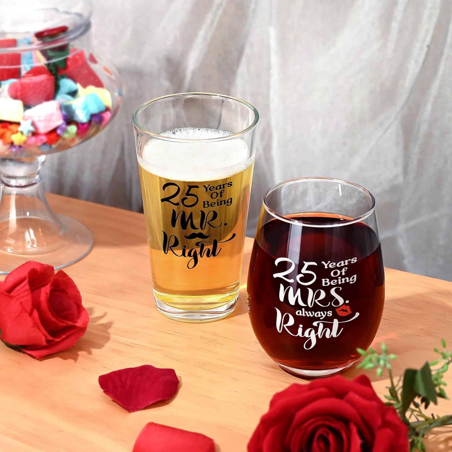 Futtumy 25th Anniversary Glass Gifts Set, 25 Years of Being Mr Right & Mrs Always Right 17oz Wine 15oz Beer Glass, 25th Wedding Anniversary for Wife Husband Couple Parents Grandparents Friends - Image 3