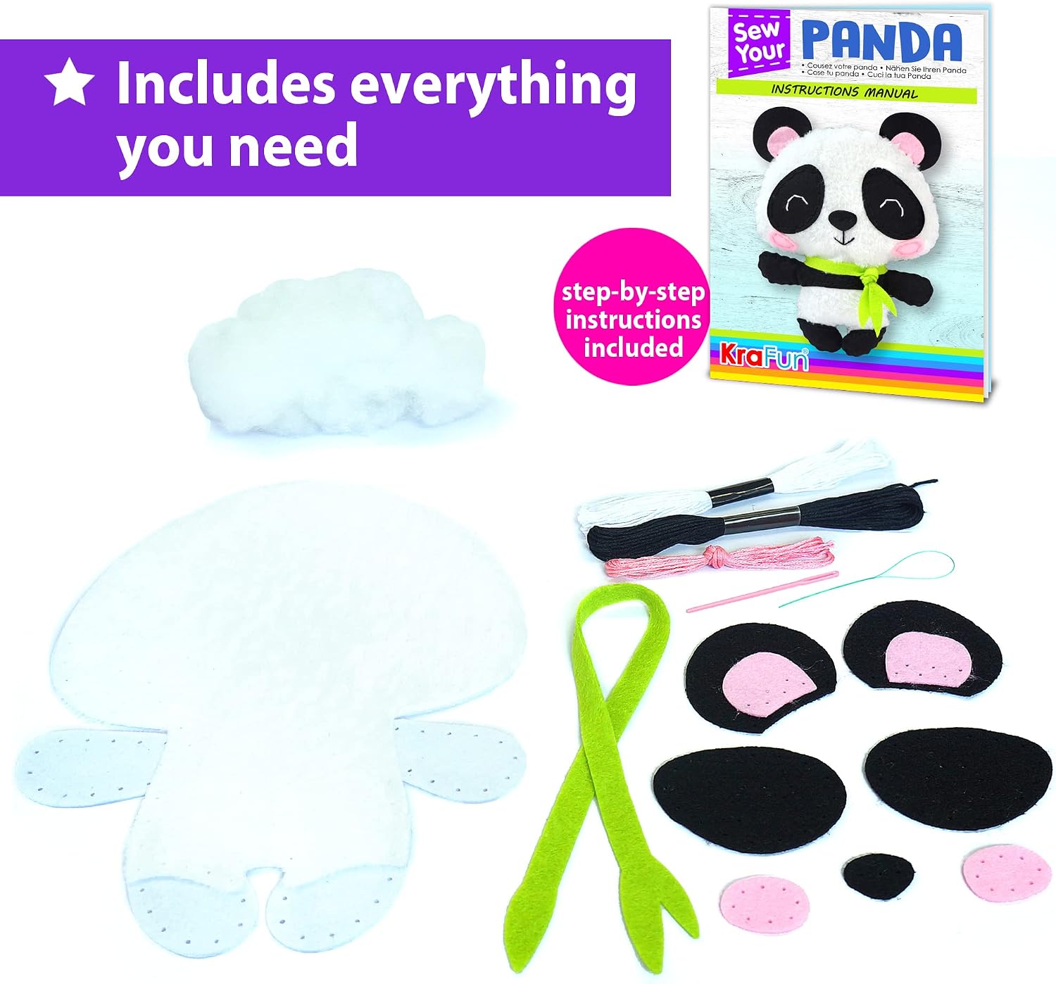 KRAFUN Panda Sewing Kit for Kids Ages 7-12, Beginner Craft Set including Panda Stuffed Doll, Plush Felt Materials - Image 4