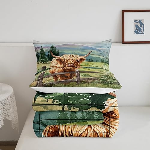 Miniatura 5 de Castle Fairy Juego de edredón de vaca de las tierras altas de granja, tamaño King, ropa de cama rústica de acuarela verde para todas las estaciones,