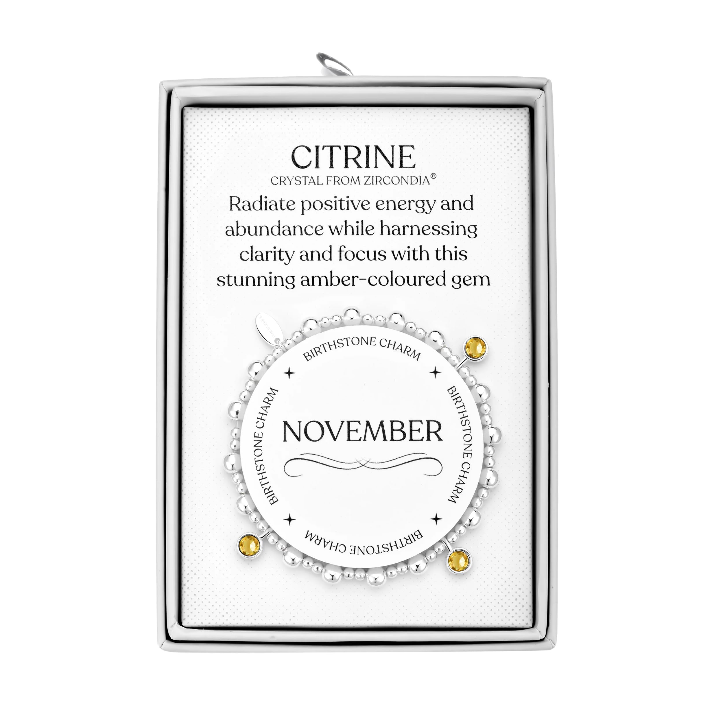 Bracciale Elastico Philip Jones Novembre (Citrino) Con Ciondoli E Cristalli Zirconia – Placcato Argento – Lunghezza 17,5 Cm – Regalo In Scatola Con Citazione