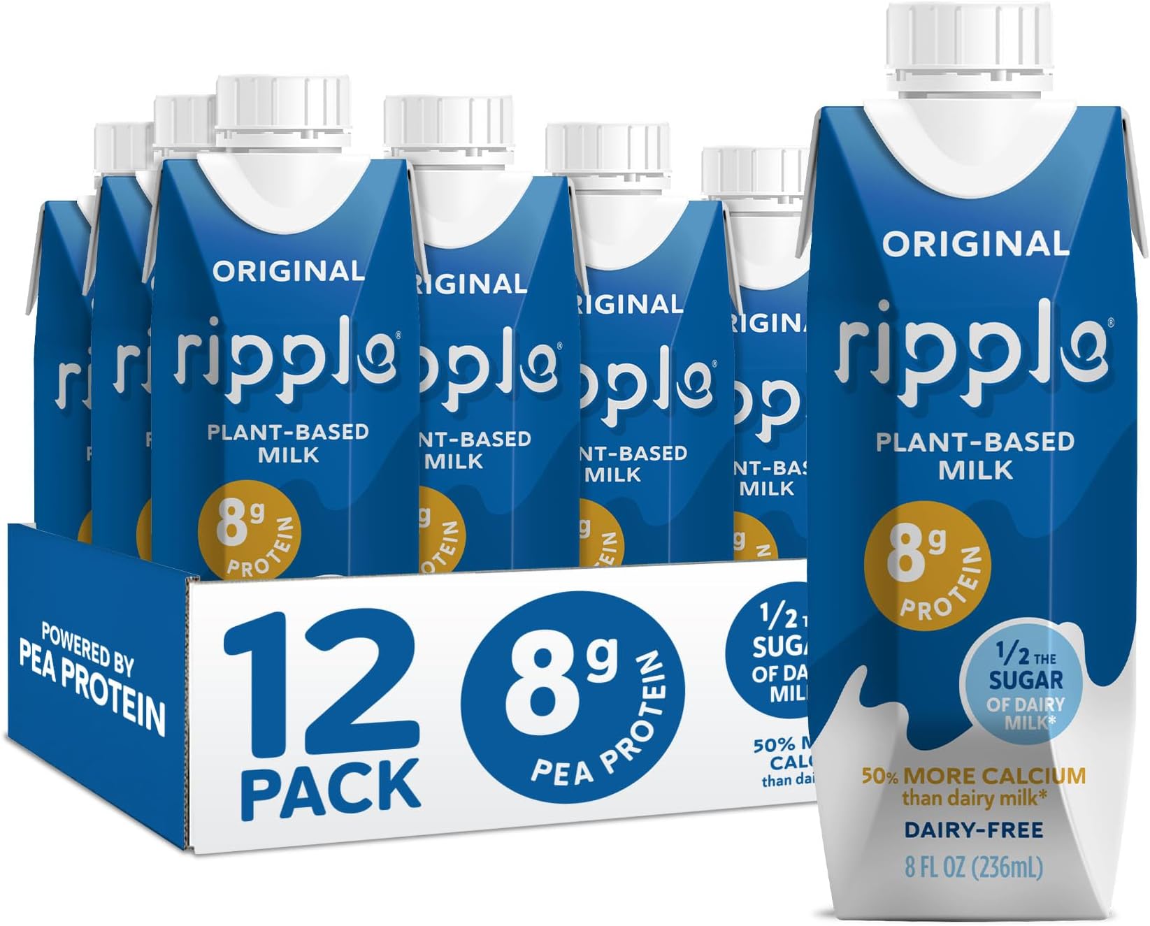 Ripple Original Plant Based Milk | 8g of Quality Sourced Pea Protein, Calcium Rich | Shelf Stable | Vegan & Non GMO Certified | Dairy, Soy, Nut, Gluten, & Lactose Free | 8 Fl Oz Cartons (Pack of 12)