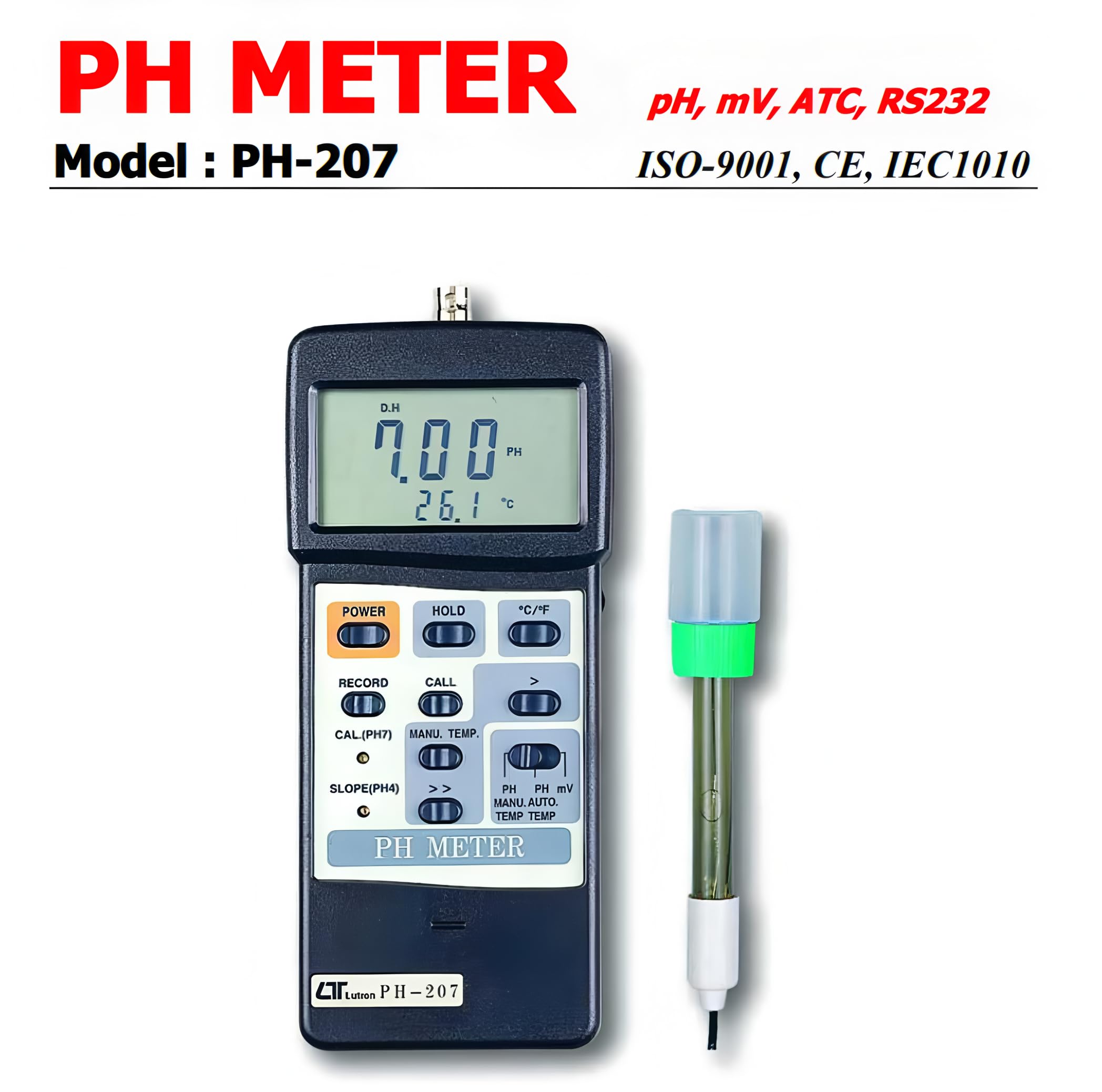 i-POOK PH METER PH-207 pH Meter Pen Type Water Quality Tester Acidometer PH Acidity Meter Multi-Function Measures pH mV and temperature Made in Taiwan
