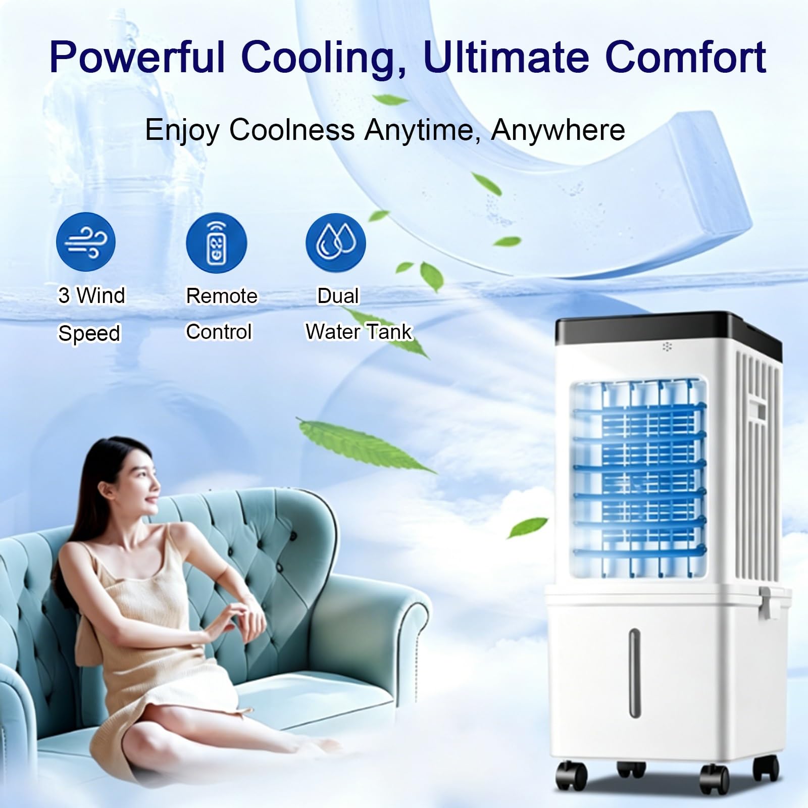 Enfriador de Aire con Control Remoto, 15 L Depósito de Agua Extraíble, 3 Velocidades, Oscilación de 90°, Enfriador Evaporativo para Dormitorios y Habitaciones