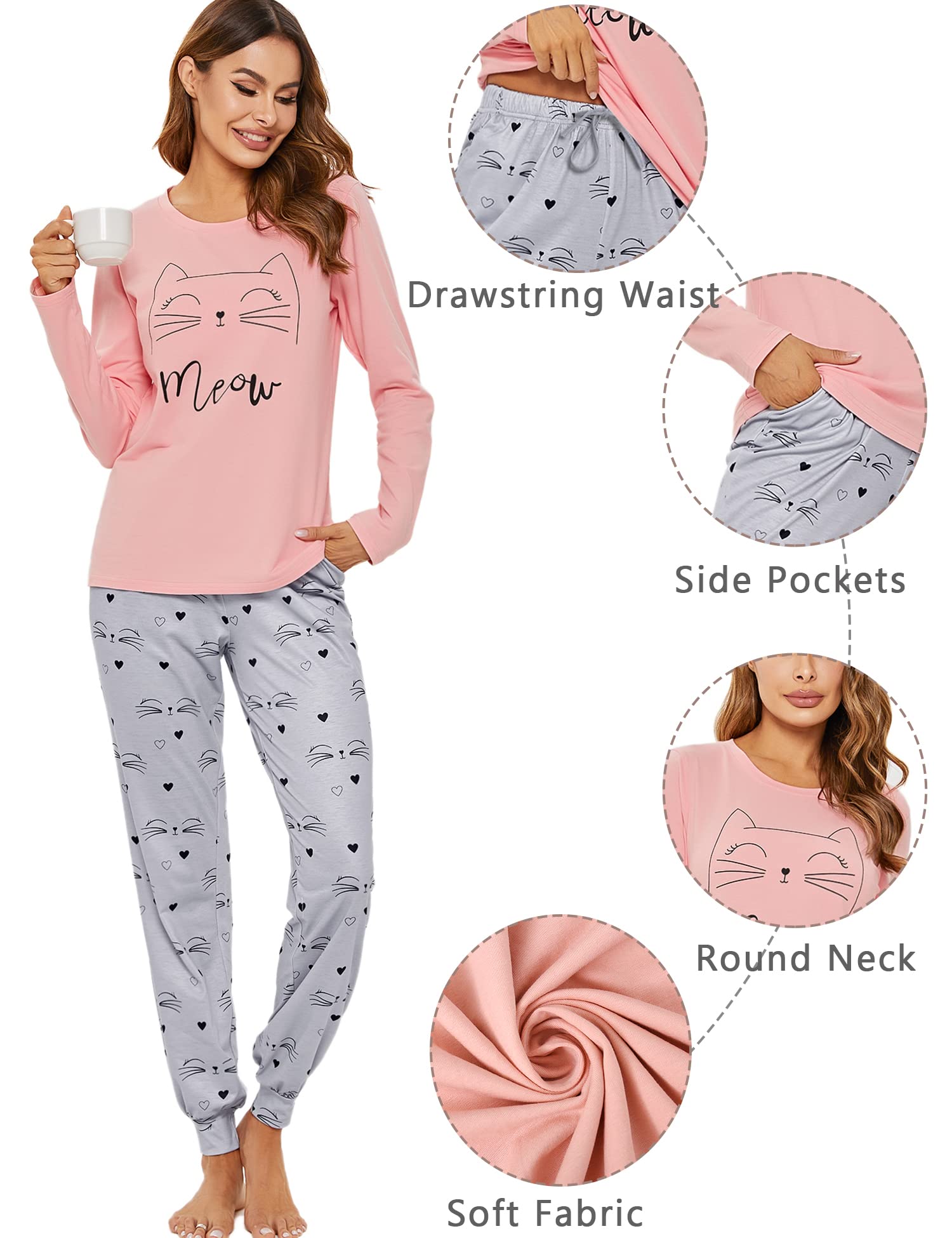 Sykooria Pigiama Donna Invernale Pigiama Donna Cotone Leggero Pigiama Lungo Donna Caldo Pantaloni Lunghi Casual con Tasca e Top con Motivo a Carino Due Pezzi S-XXL