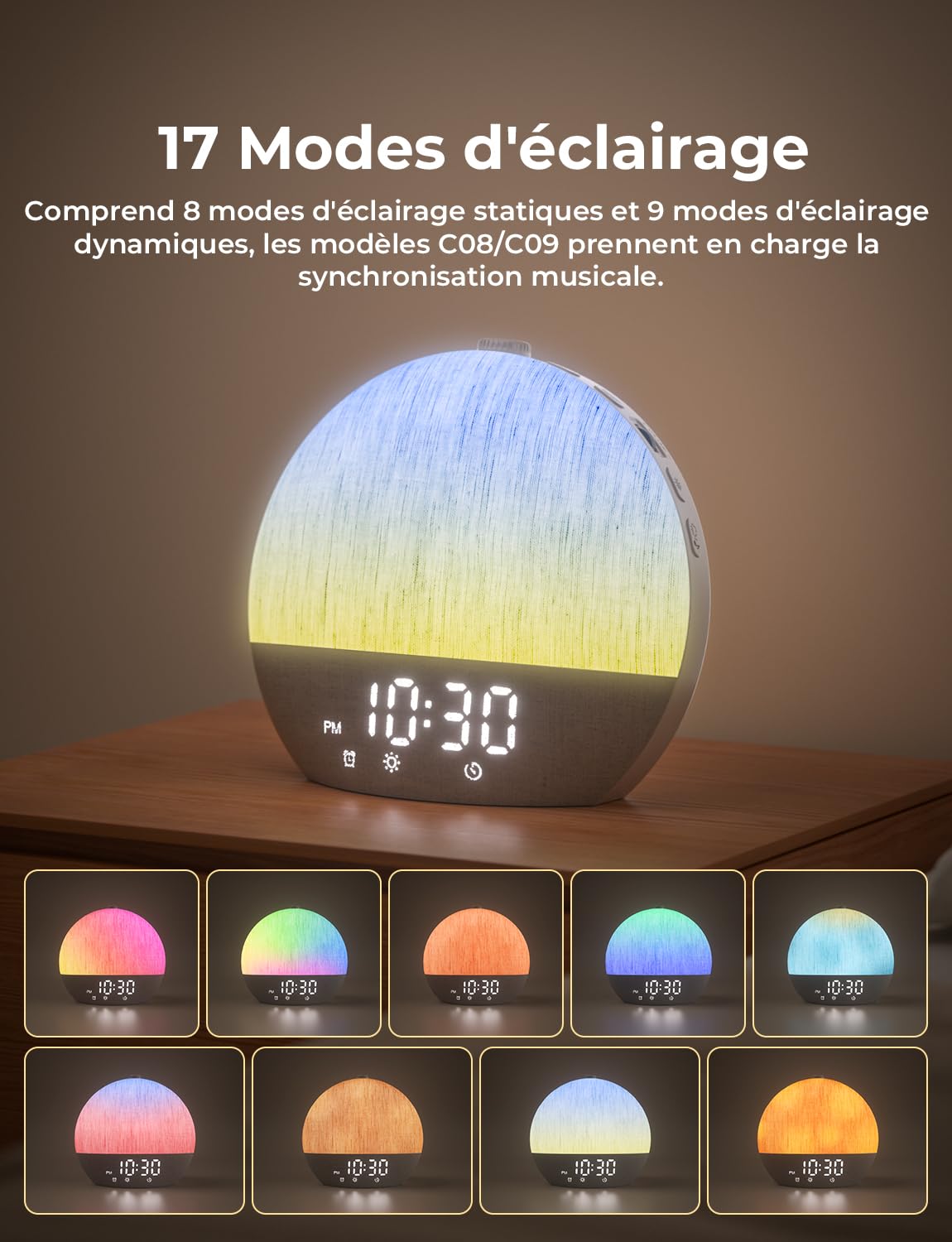 LIORQUE Reveil Lumineux Simulateur Aube, 30 Sons, Bluetooth, 17 Effets | Simulation 60min, Veilleuse 17 Effets 20 Niveaux, Minuteur 180min, Design Tissu, Ecran Extinction, Port Charge 5W