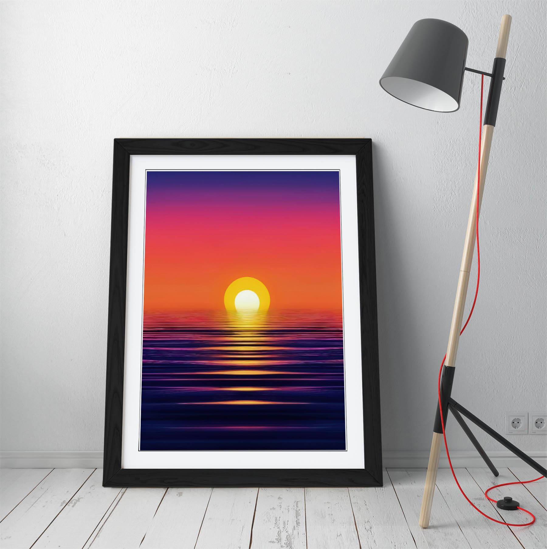 Cosmic purple sunset over water Stunning Framed Wall Art Print Picture - A4 - Black Frame