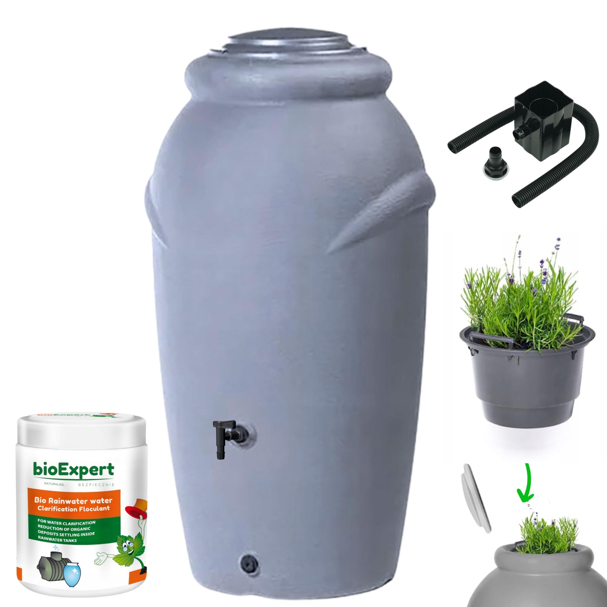 Novecrafto Grey (210 L) Water Butt With Tap Kit - Rainwater Collector With Tap, Diverter And Bio Cleaner - Decorative Grey Water Tank Amphora-Shaped For Gardens, Terraces - Collect And Promote Plant Growth 210L