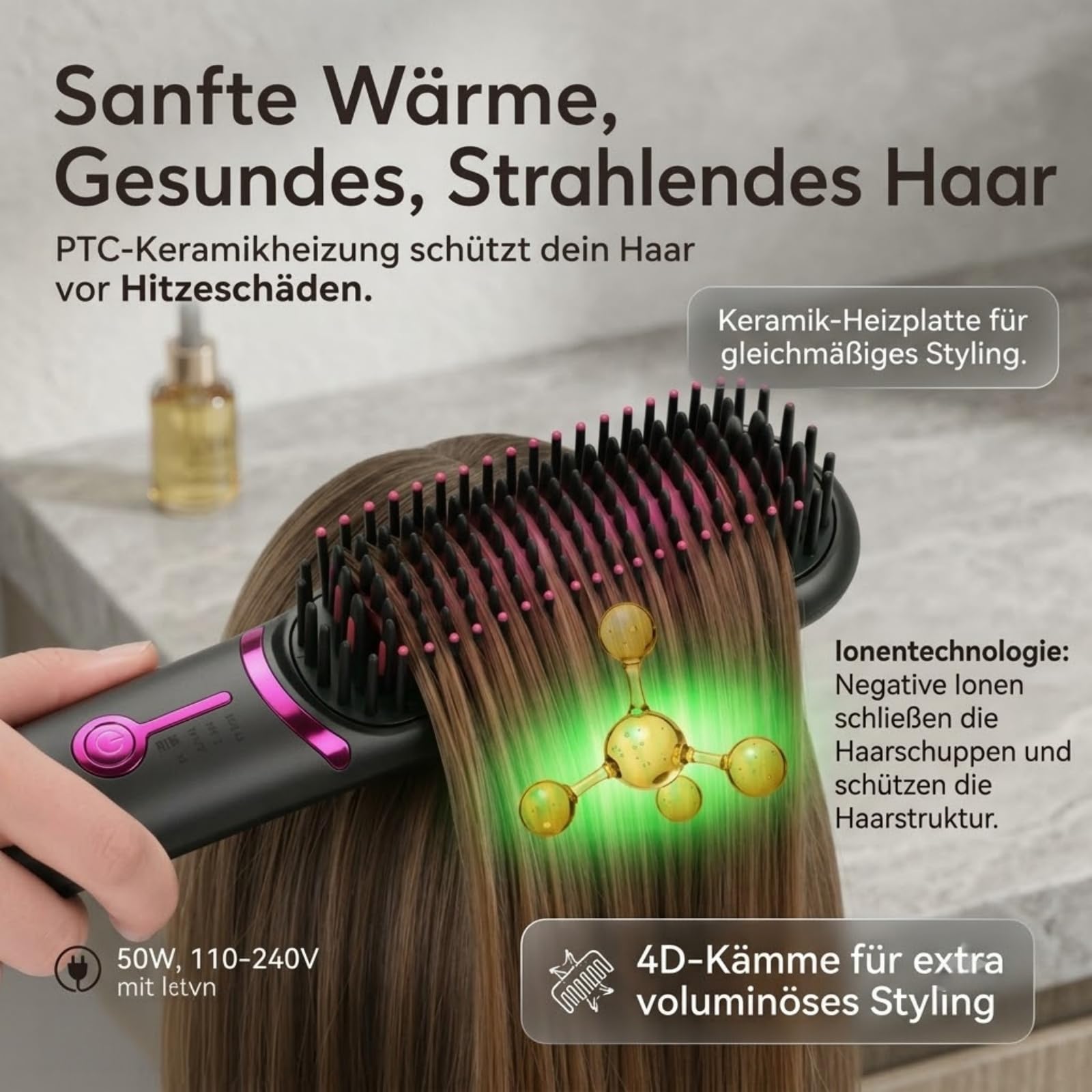 Ciriel - AirBrush Pro | Drahtlose Stylingbürste, 3 Temperaturstufen 160-200°C, Wiederaufladbare BüRste für GläTten und Locken (rosa)