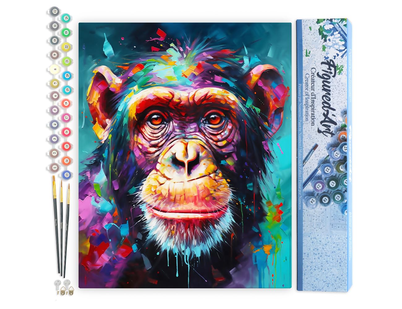 Figured'Art Paint by Numbers for Adults Colourful Abstract Chimpanzee 40x50cm - Craft Art Painting DIY Kit Rolled Canvas Without Frame