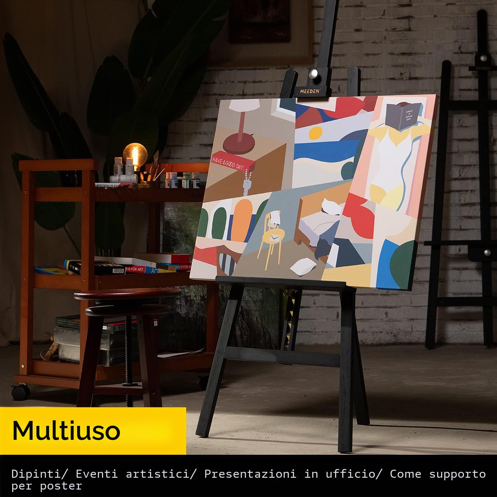 MEEDEN Cavalletto per Pittura Legno, Grande Regolabile Cavalletto per Dipingere 145-193 cm, Design a Forma di A Cavalletto per Pittura Sostiene Tele fino a 109cm, Nero