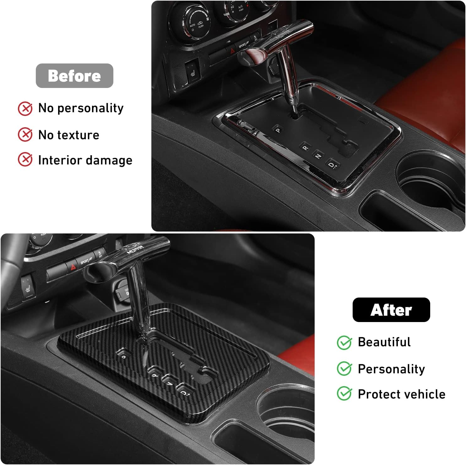 Linskip Gear Shift Panel Trim Fit for Dodge Challenger 2009 2010 2011 2012 2013 2014, Cup Holder Decor Cover for Challenger Interior Accessories(Black Carbon Fiber)