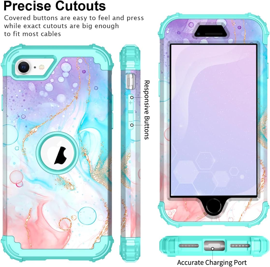 PIXIU Case for iPhone SE 2022/2020, iPhone 8/7 case,Soft Silicone+Hard Placstic Heavy Duty 3 Layer Shockproof Full-Body Protective Rugged Hybrid Case for Women,Girls