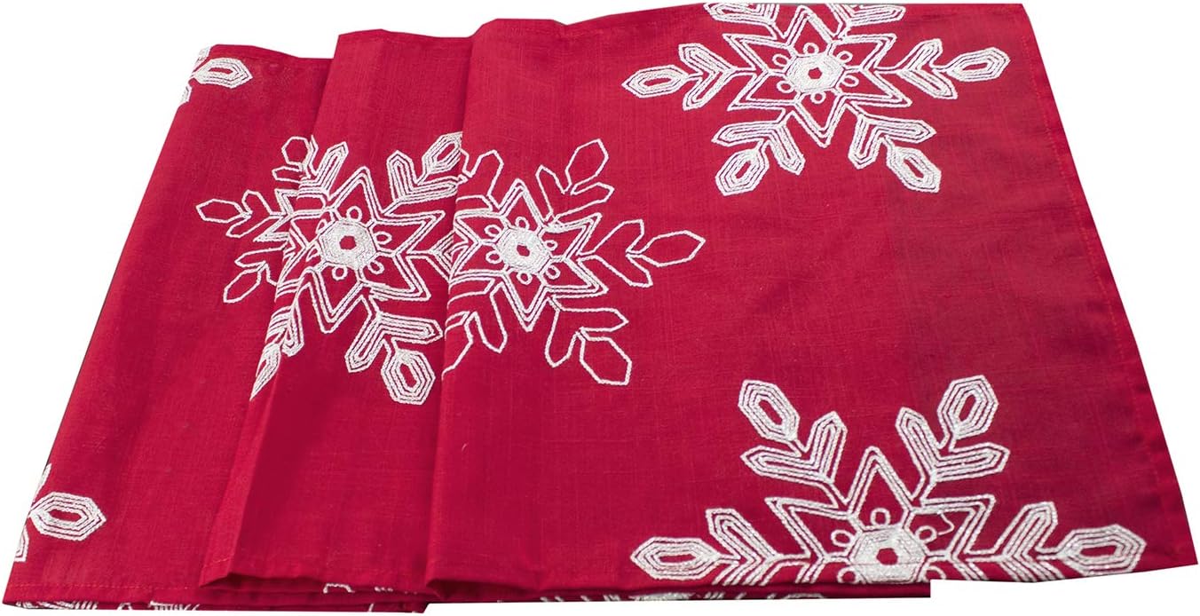 Fennco Styles Embroidered White Snowflake Christmas Table Runner 16 x 70 Inch - Red Table Cover for Holiday Décor, Dinner Party, Banquets and Special Occasion