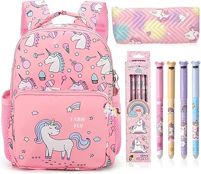 Unicorn Backpack Set for Girls, Pink Schoolbag Kit with Unicorn Pencil Case & key Chain Keyring, 10 Cute Pens, Cartoon Large Capacity Rucksack Book Bag for Teen Students