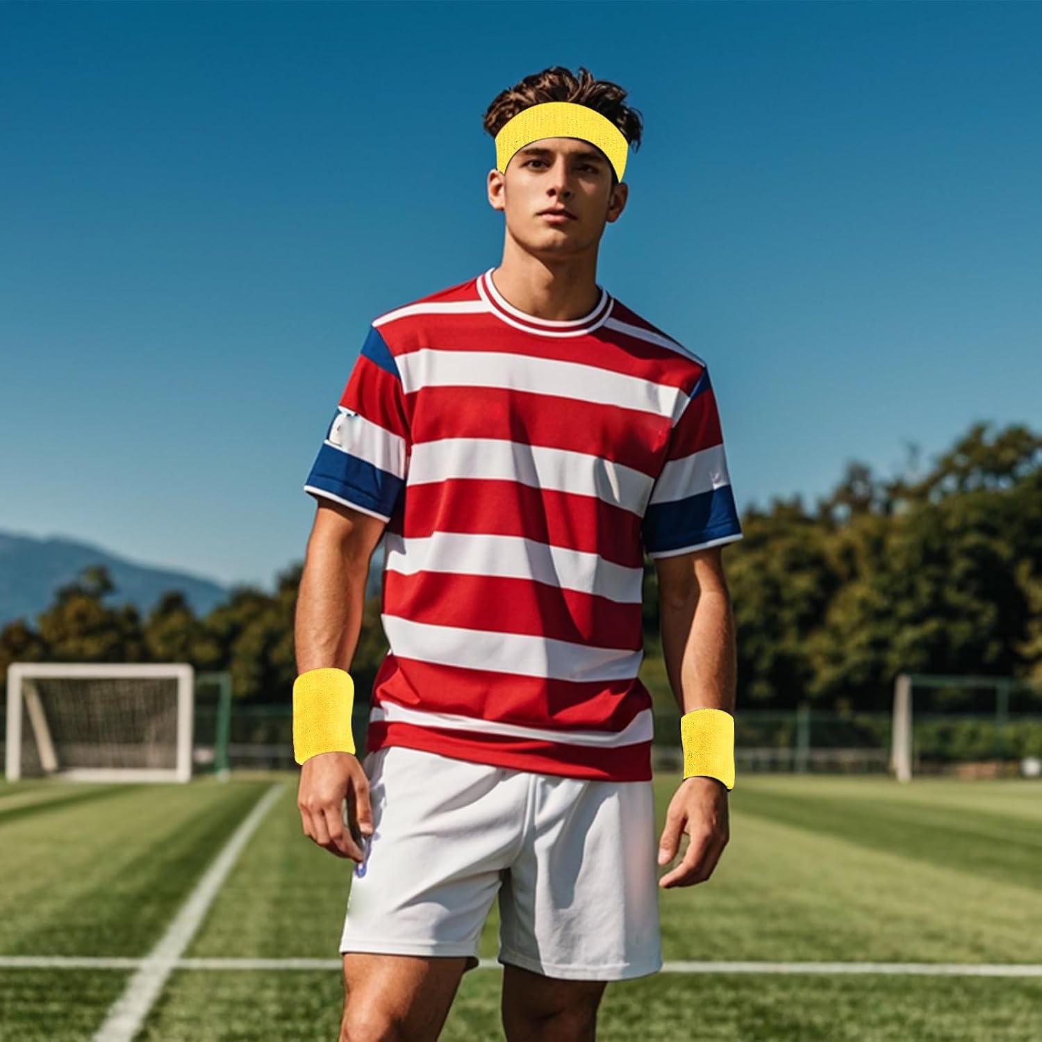 Sucrain 3 Pieces Sweatbands Set, 1 Pieces Sports Headband and 2 Pieces Wristbands, Wicking Sweat Head Band for Men Women Outfit Sport
