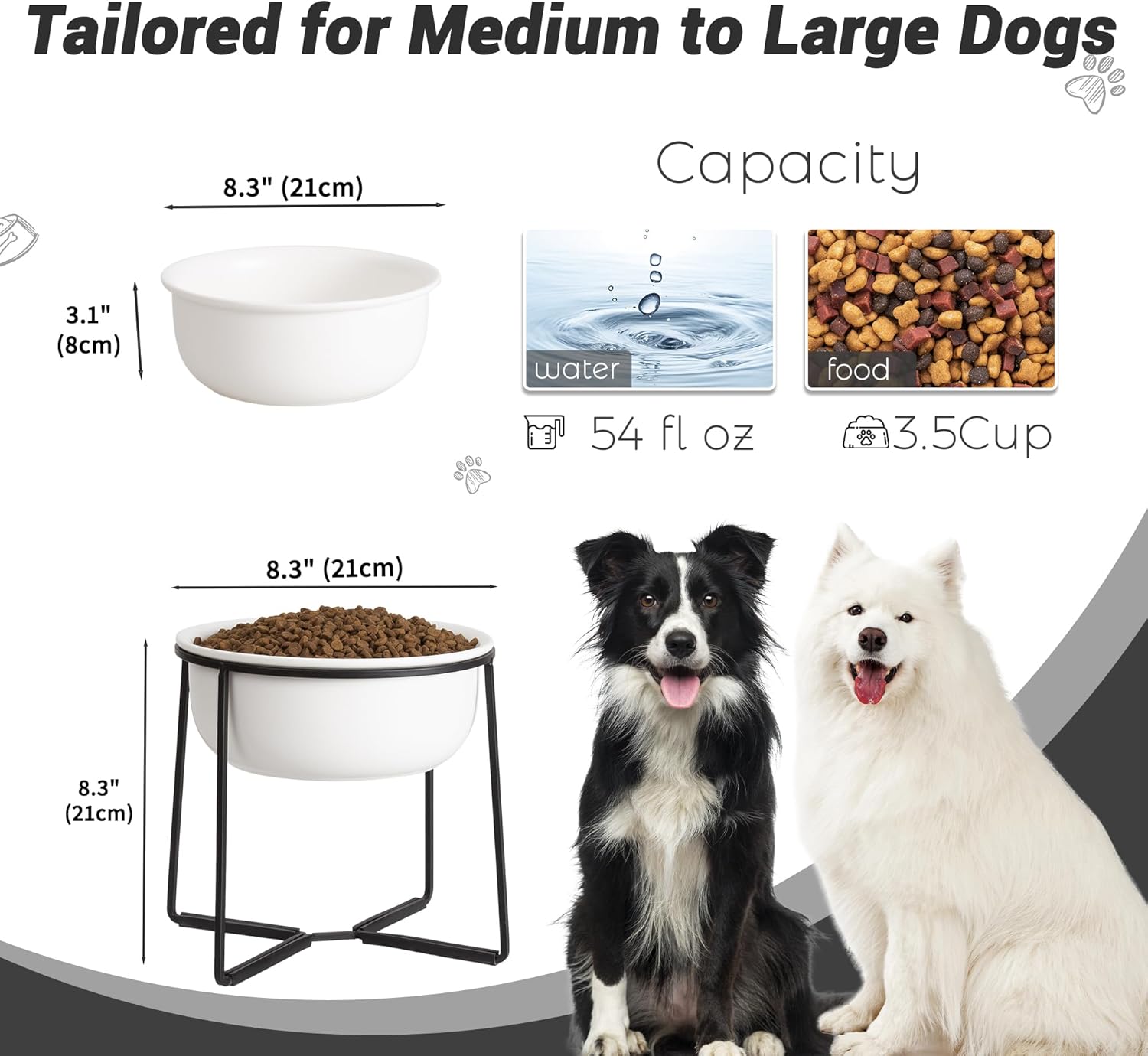 Ceramic Elevated Dog Food Bowl - Heavyweight Feeding Bowl with Metal Stand - Raised Pet Dish for Medium and Larges Dogs - 3.5 Cups - 54 oz - Matte White