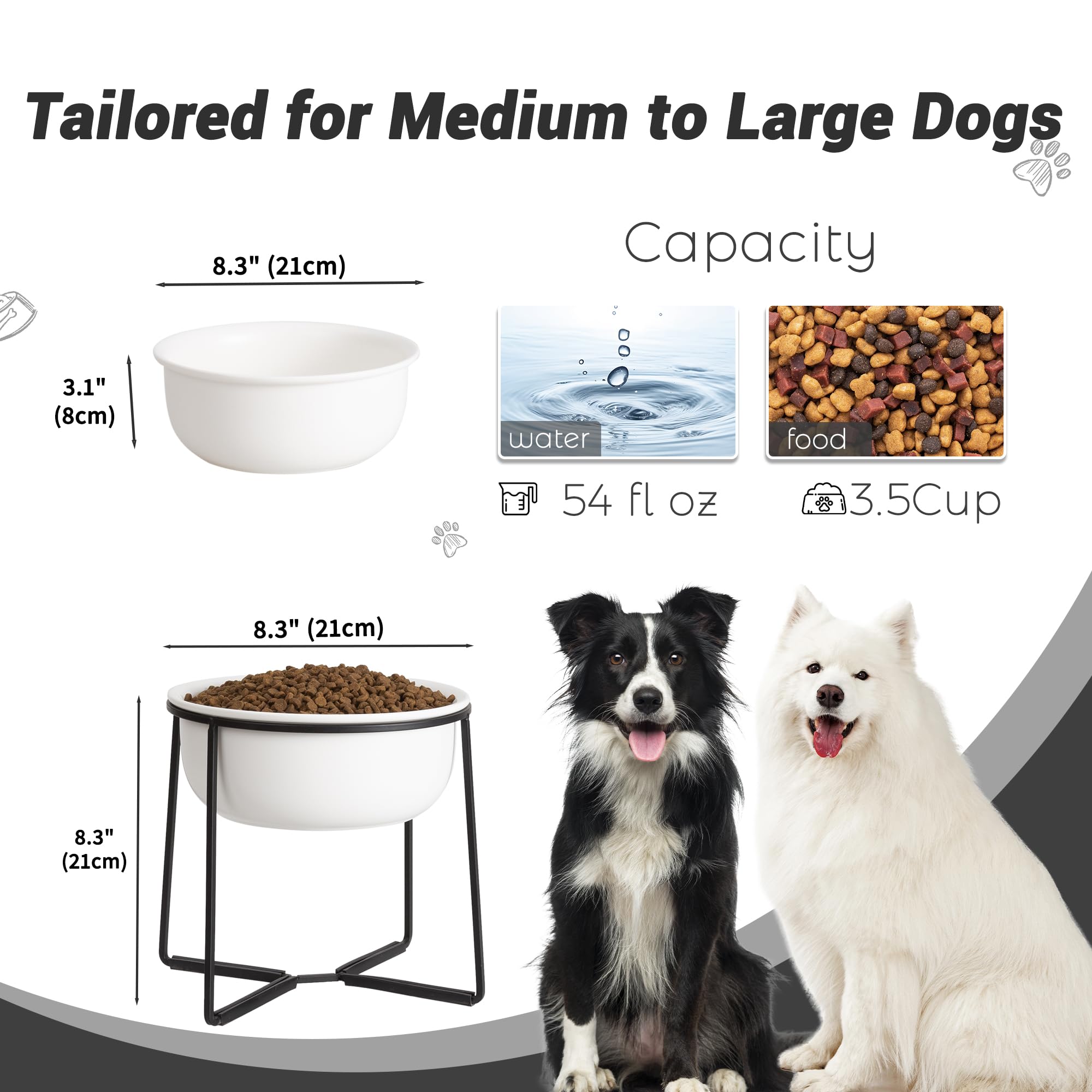 Ceramiczna miska dla psa - miska na jedzenie lub wodę z metalowym stojakiem - idealna dla średnich i dużych psów - 1400 ml, biała