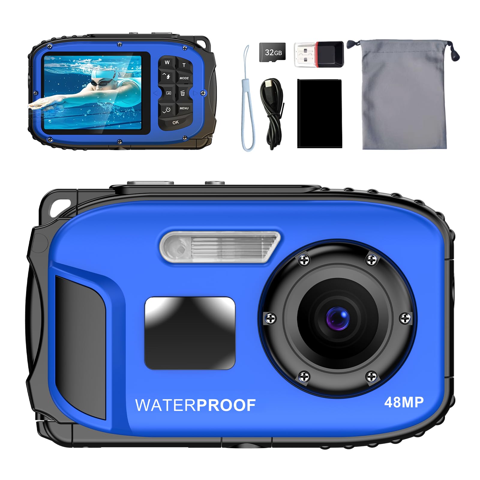 Underwater Floating Digital Camera – 48MP HD Bare-Body Waterproof Camera, No Case Needed for Underwater Fun & Childhood Memories (Blue)