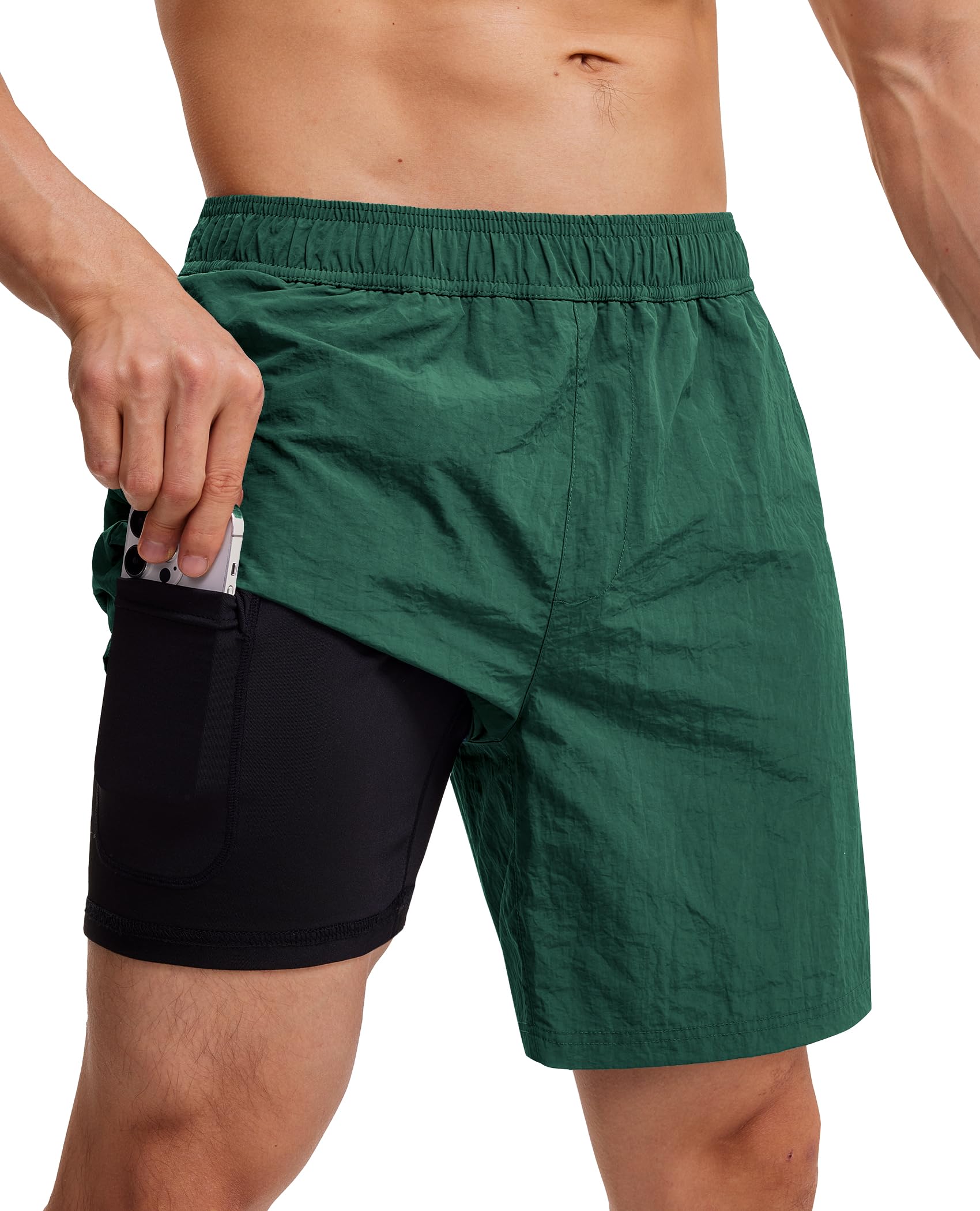 Milin Naco Mens Swim Trunks 7" 2 in 1 Compression Liner Quick Dry 4 Pockets Beach Shorts Swimwear for Men Bathing Suit