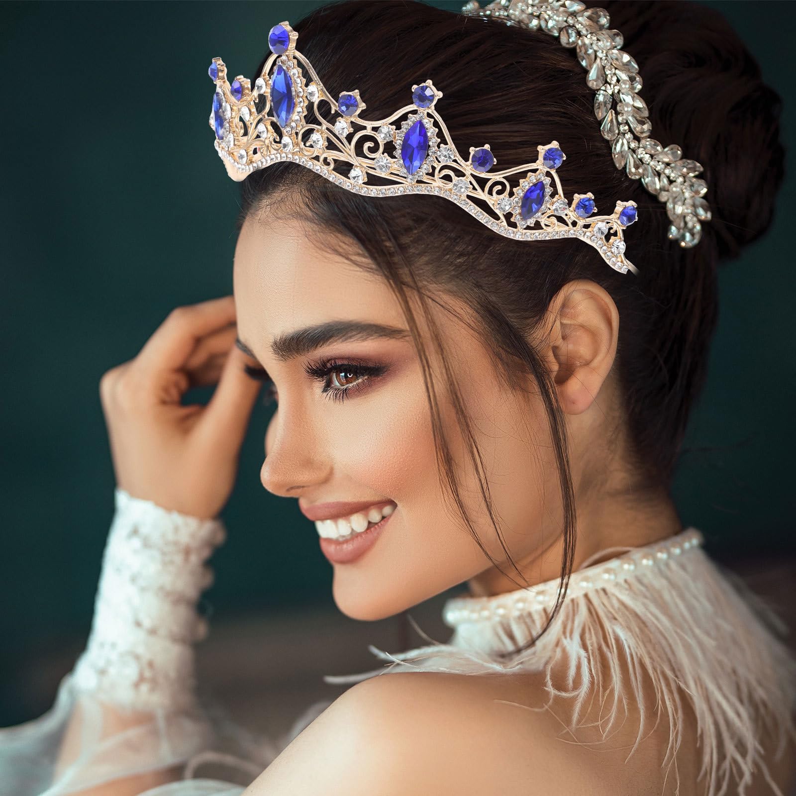 FOMIYES Barock Krone Tiara FüR Damen - Handgefertigte Brautkrone Mit Blauen Steinen, Ideal FüR Hochzeit, Geburtstag, Party, AuffüHrung