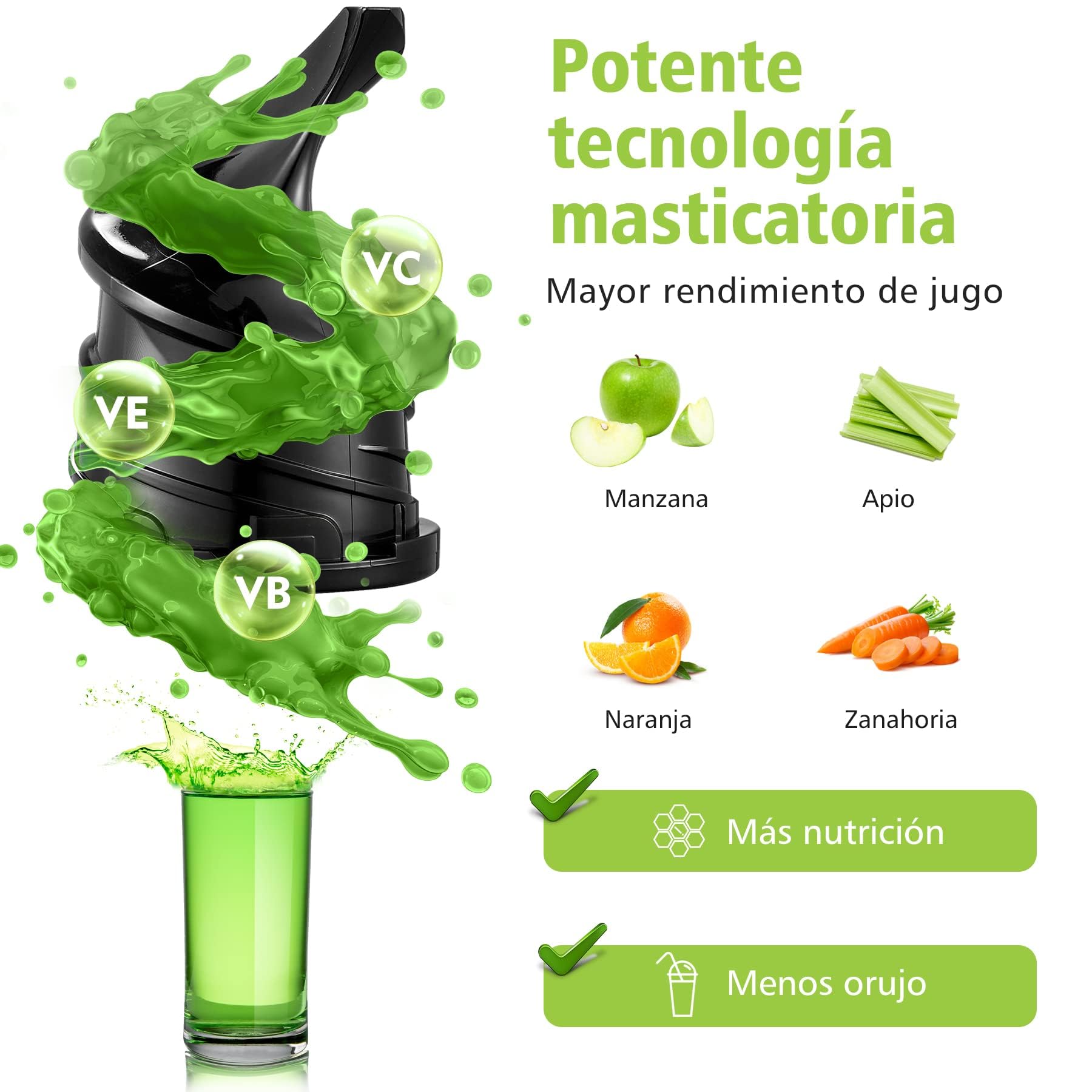 Aobosi Licuadora para verduras y frutas con Apertura da 80 MM, Licuadora prensado en frio con Función marcha atrás/Motor silencioso/Libre de BPA/Verde