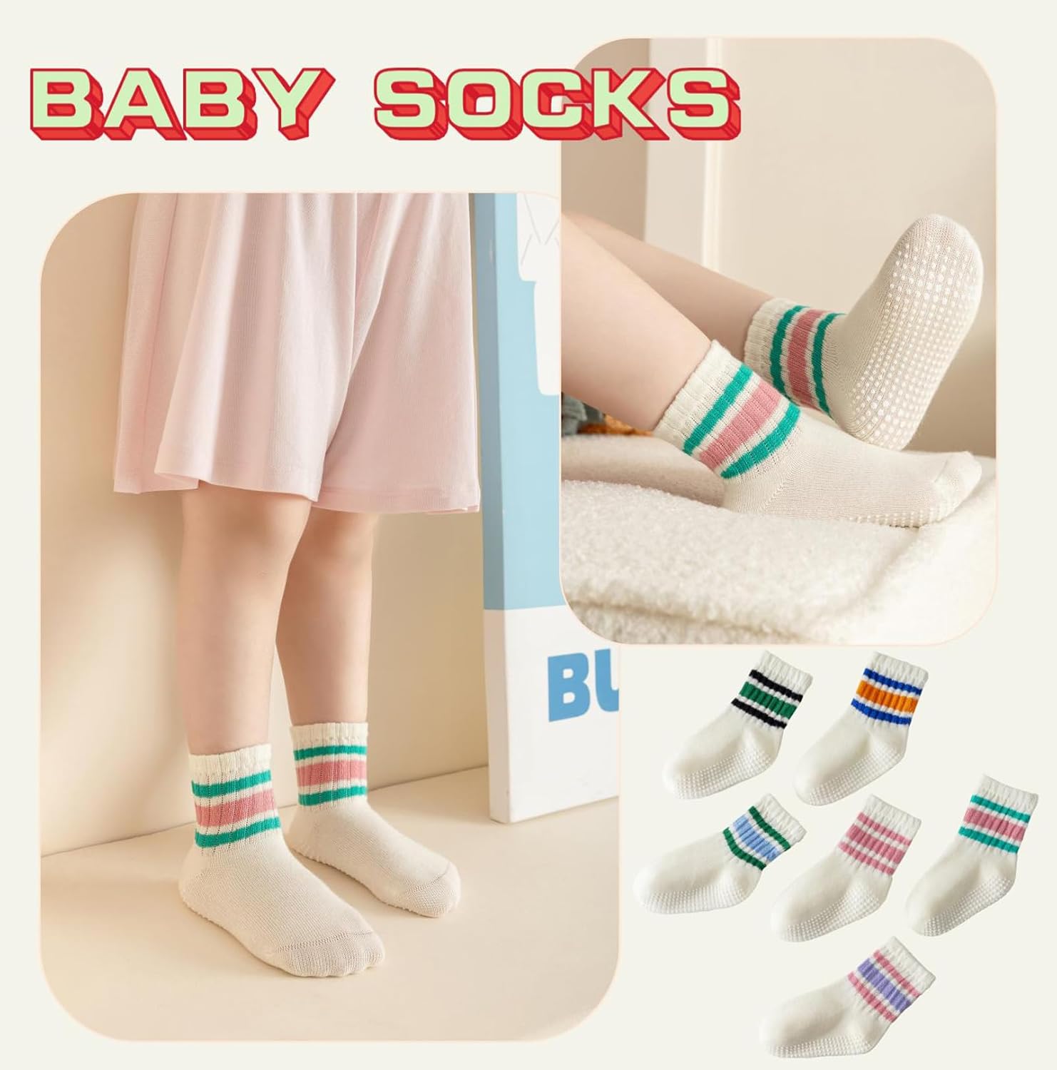 Toddler Grip Socks with Non-Slip, Unisex Baby Retro Stripe Seamless Crew Ankle Cotton Socks for Girls Boys 6 Pairs - Image 3