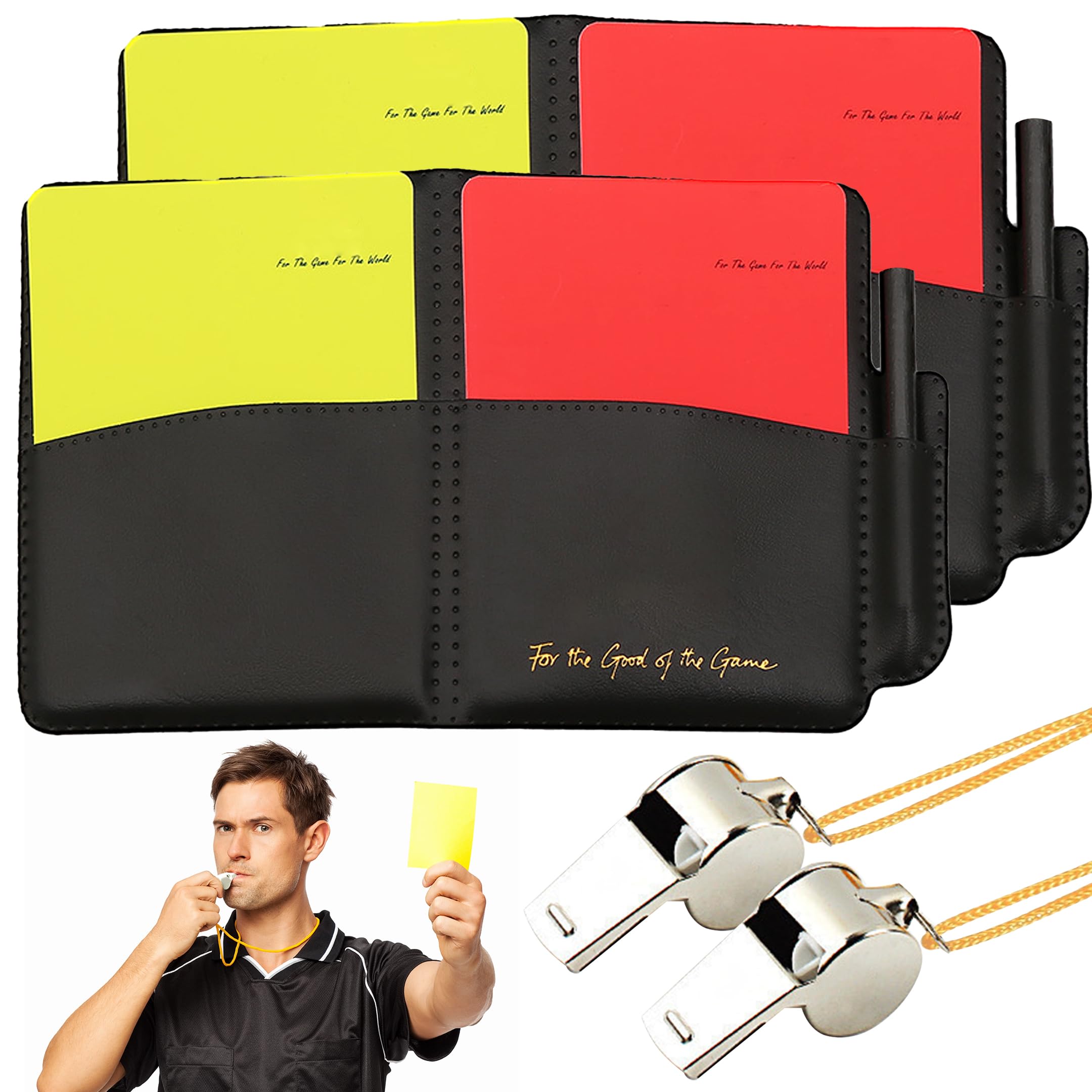 2PCS Referee Cards Set, Football Referee Red and Yellow Cards with Whistle Lanyard, Sports Ref Kit Score Book for Football Soccer Match