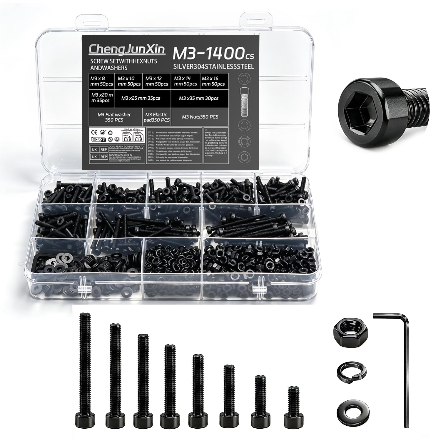 ChengJunXin 1400Pcs M3 Bolts and Nuts Set, Black Carbon Steel, Hex Socket Cup Head Cap Screws with Flat & Lock Washers, Assorted Sizes for Home, Office, Garage, DIY.