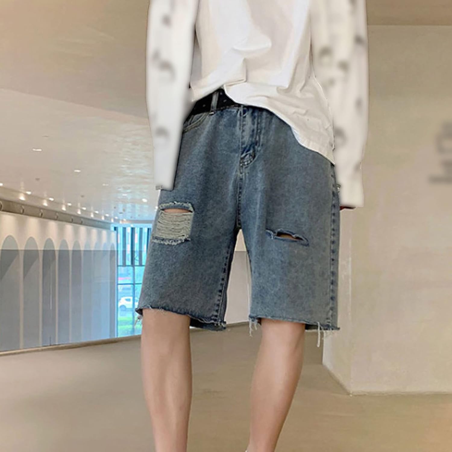 Men's Retro Summer Hole Denim Short Loose Casual Straight Short Jean Fashion Ripped Vintage Short Pants with Pocket