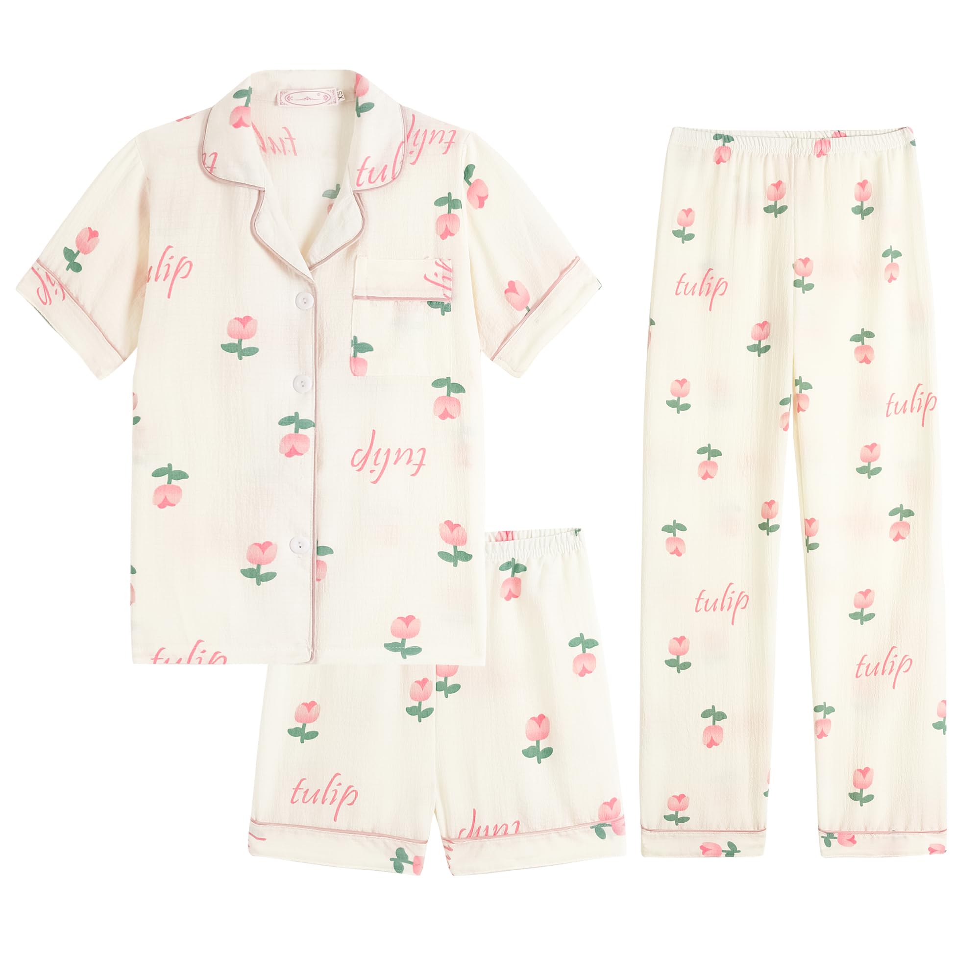 Hupohoi Big Girls Button Down Pajama Set 3pcs Crepe Fabric Sleepwear Nighty