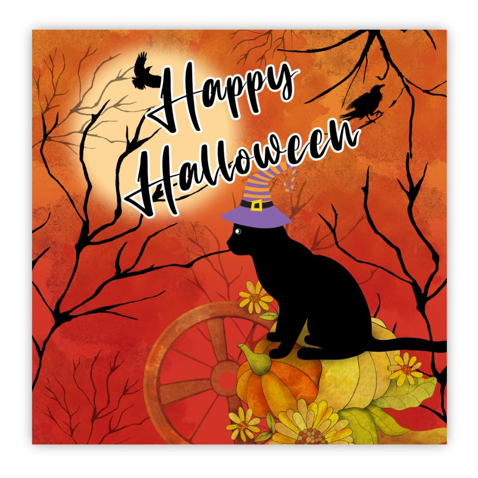Panneau Halloween chat et citrouille en bois vintage de 30cm pour deco maison