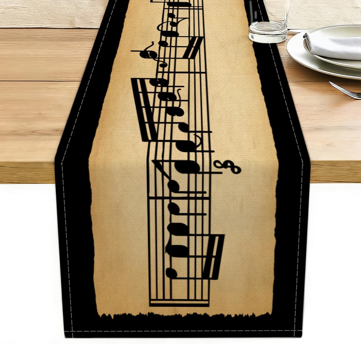 Vintage Moderato Sheet Music Note Table Runner, Linen Musical Notes Decor
