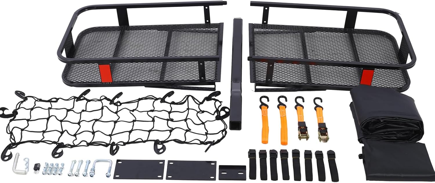 Hitch Mount Cargo Carrier Basket 60" X 21" X 6", Waterproof Cargo Bag 16 Cubic Feet(56" 20" 20"), Hauling Weight Capacity of 500 Lbs and A Folding Arm, with Hitch Stabilizer, Net and Straps