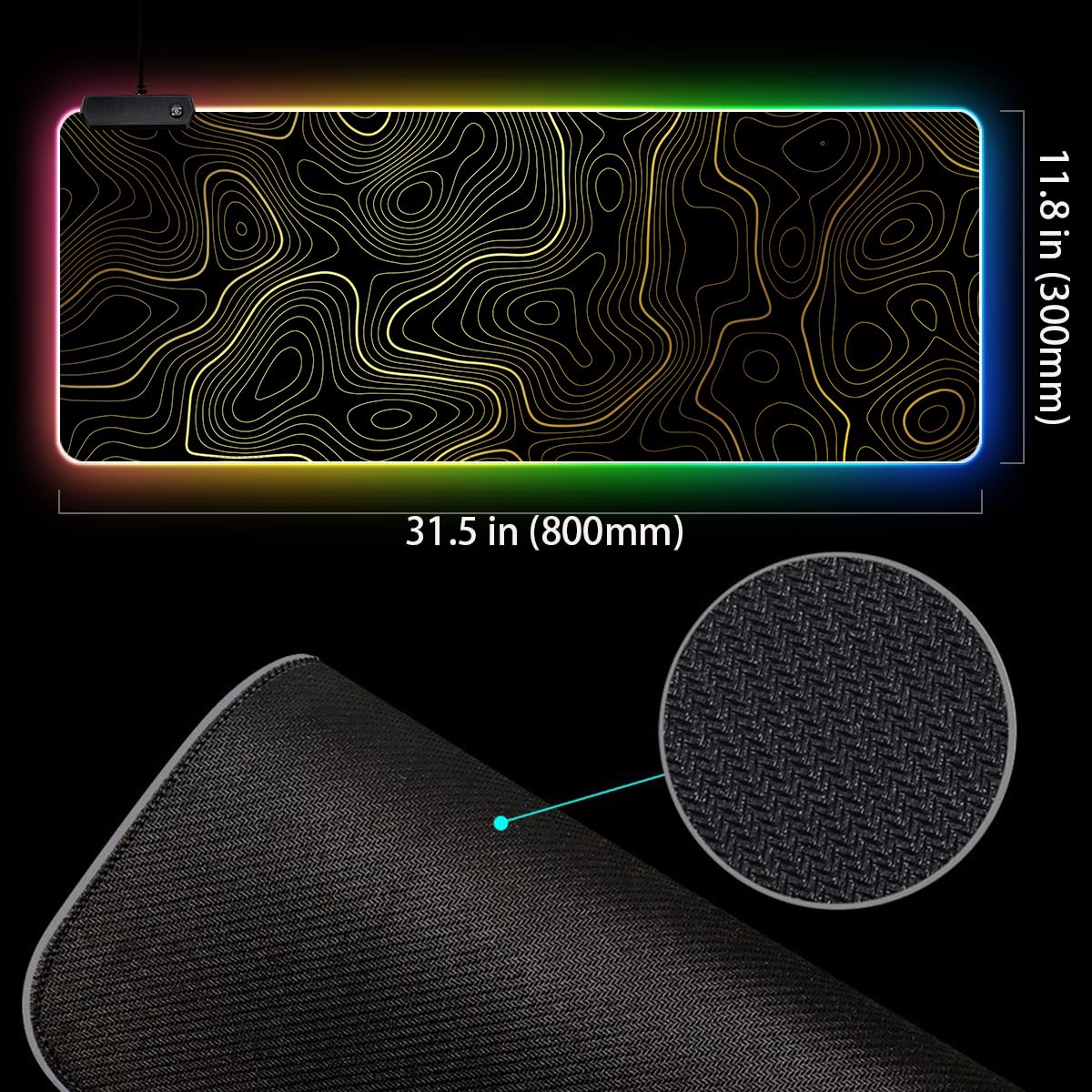 Grand tapis de souris de jeu topographique LED RVB – Grand tapis de bureau avec motif de carte des contours, base en caoutchouc antidérapant et bords cousus pour PC et ordinateur portable (noir avec