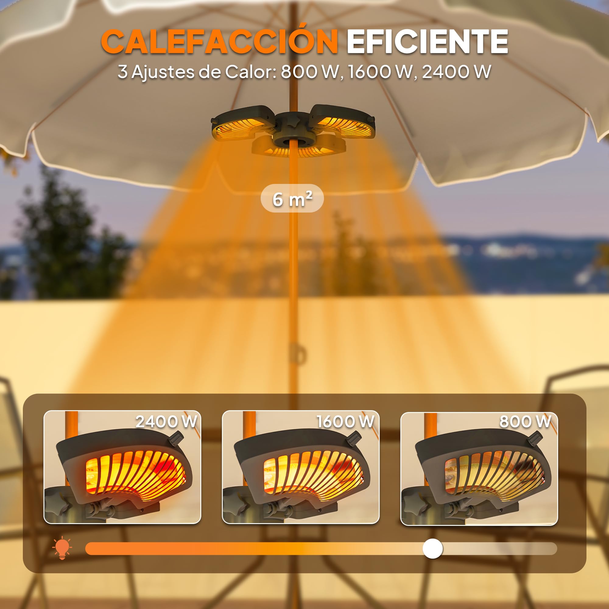 Outsunny Calefactor por Infrarrojos para Parasol 800/1600/2400W Negro | Estufa Exterior Eléctrica de Aluminio, 3 Niveles de Calentamiento, Protección Antivuelco, IP44, para Terraza Patio Jardín