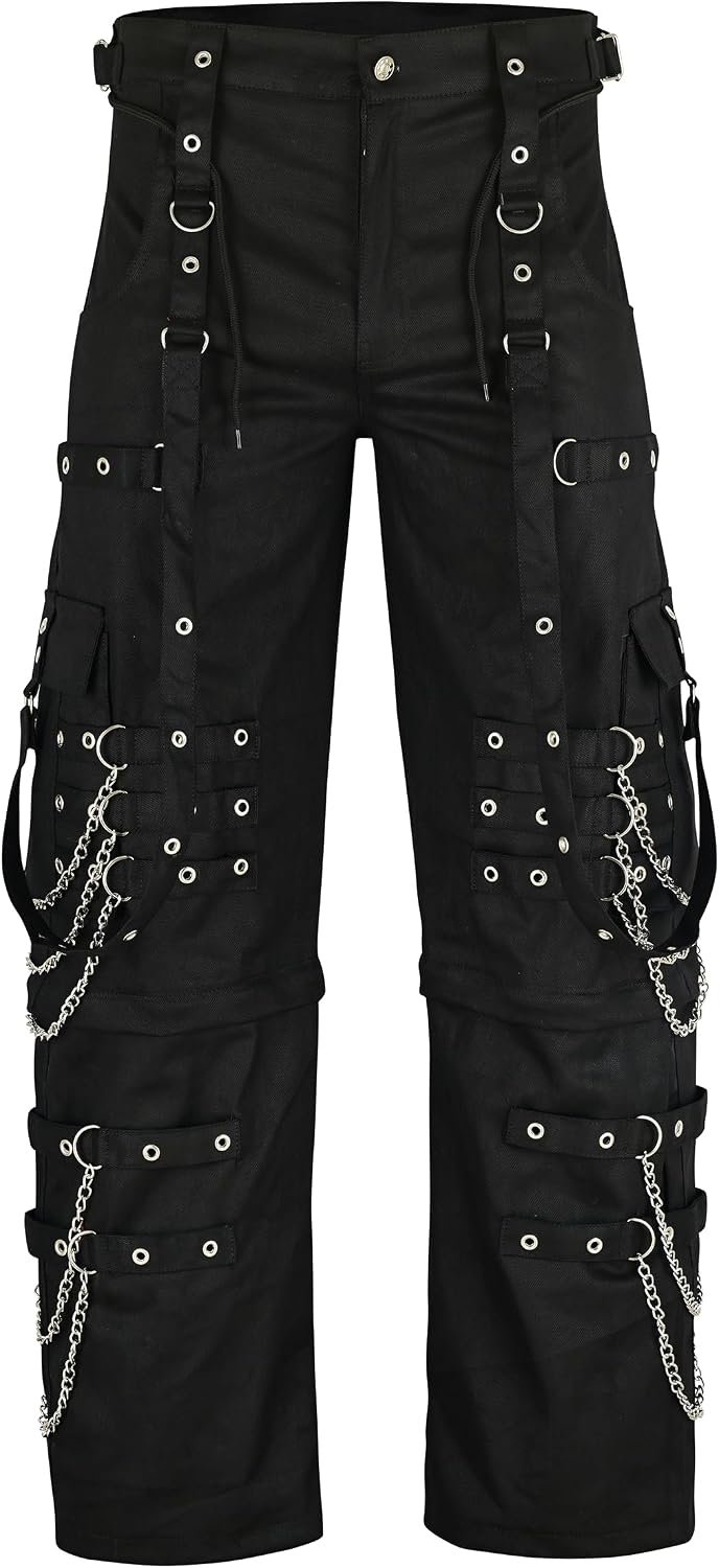 Men’s Gothic Punk Cargo Pants Black Baggy Bondage Chains Straps Skull Pockets